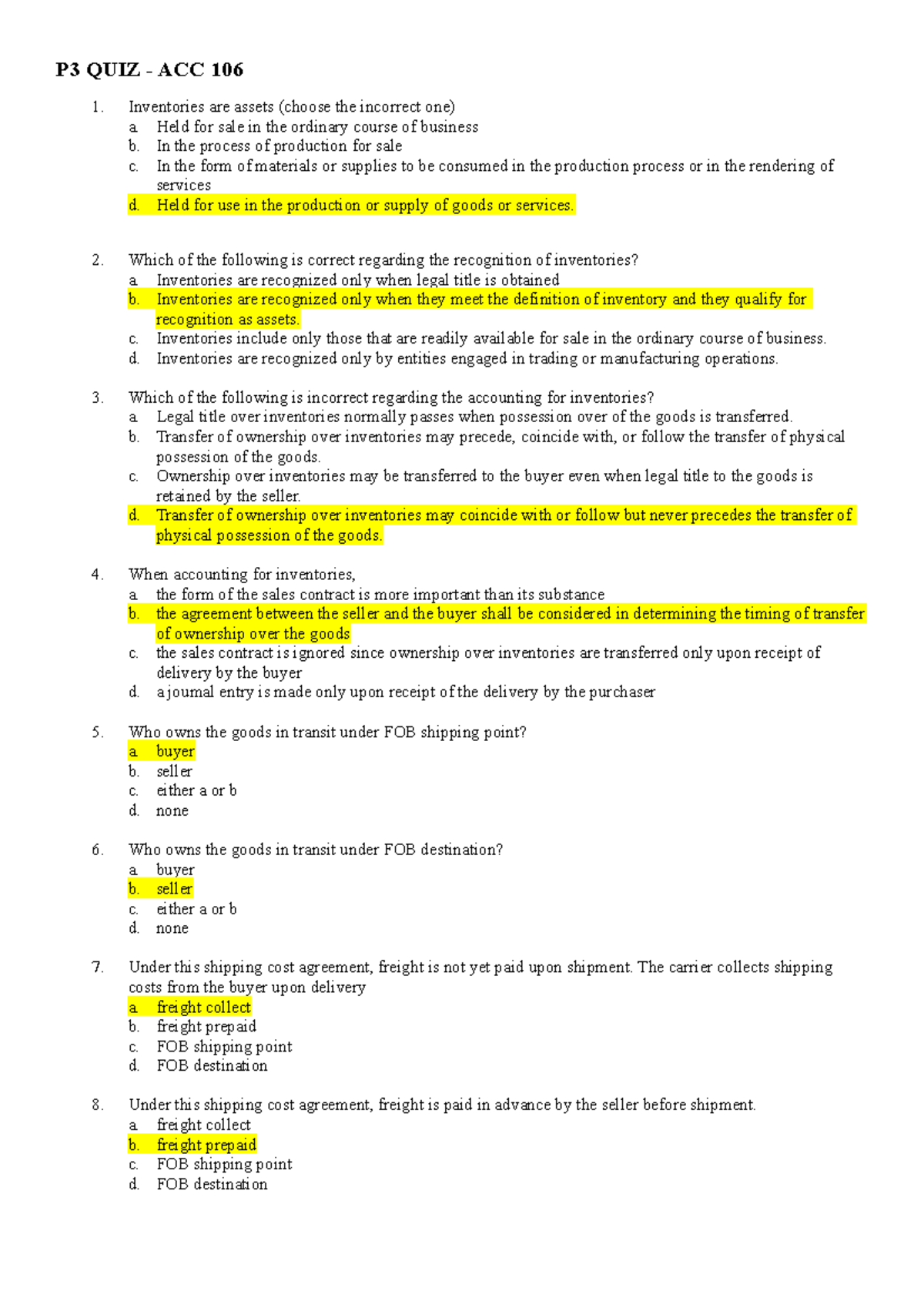 P3 QUIZ ACC 106 - Sample quiz - P3 QUIZ - ACC 106 Inventories are ...