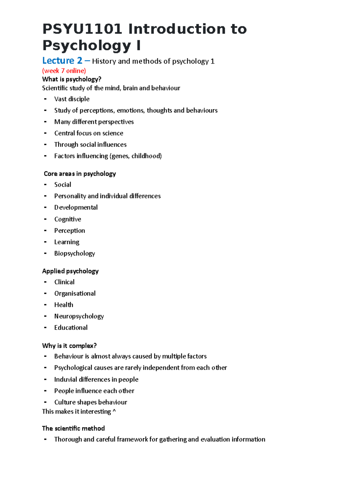PSYU1101 Introduction to Psychology I - Psychology I Lecture 2 ...