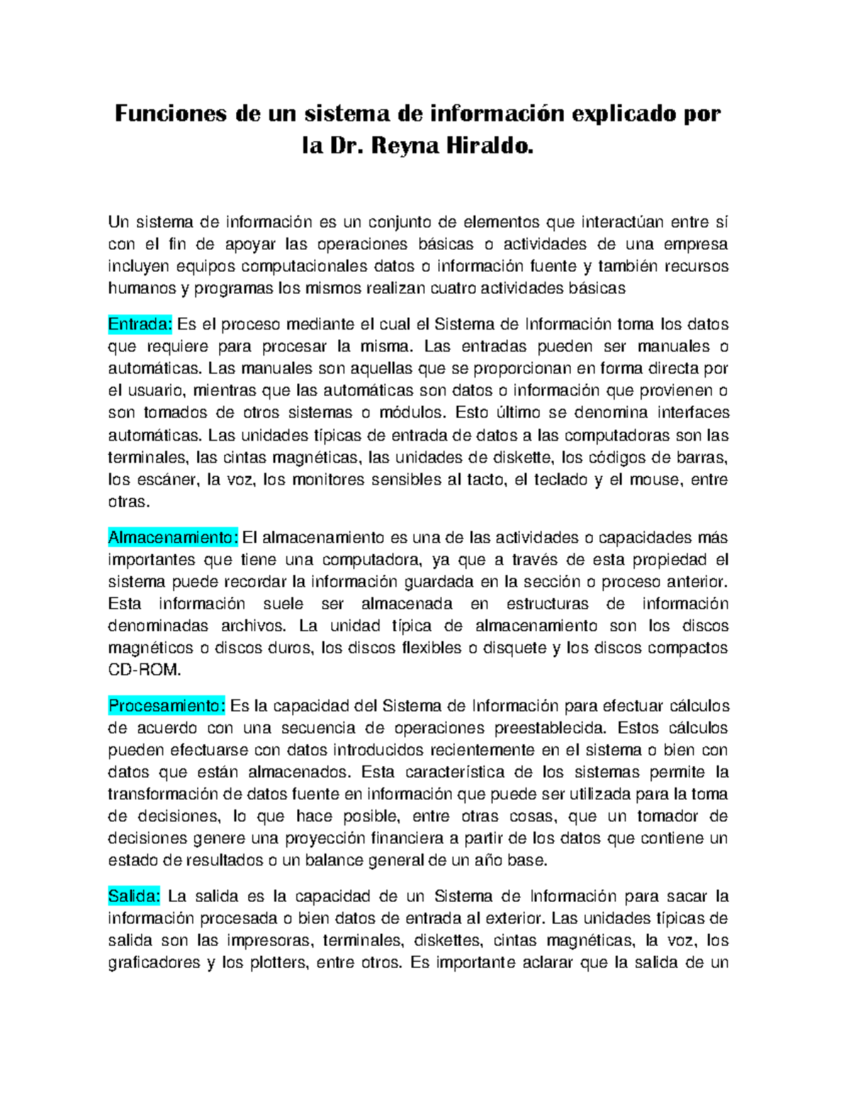 Funciones de un sistema de información explicado - Reyna Hiraldo. Un ...