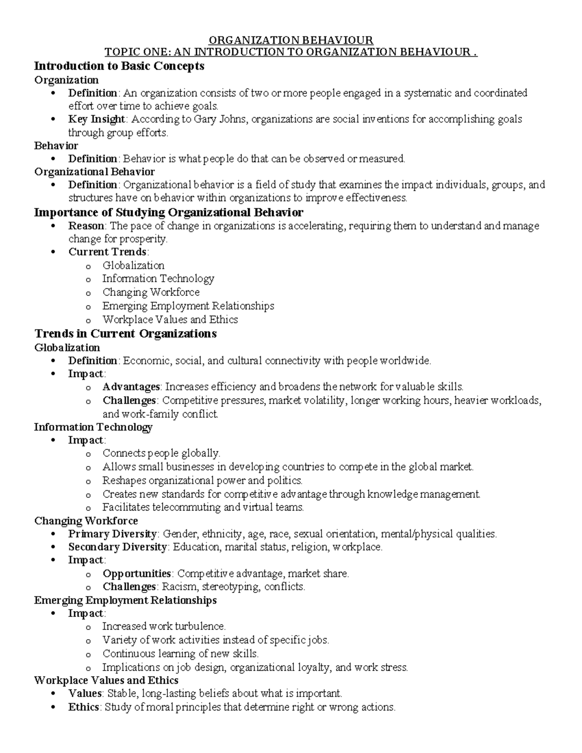 Organization Behaviour - ORGANIZATION BEHAVIOUR TOPIC ONE: AN ...