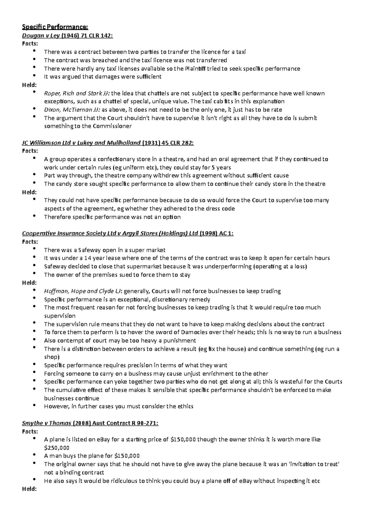 Equitable Remedies Cases - Specific Performance: Dougan v Ley (1946) 71 ...