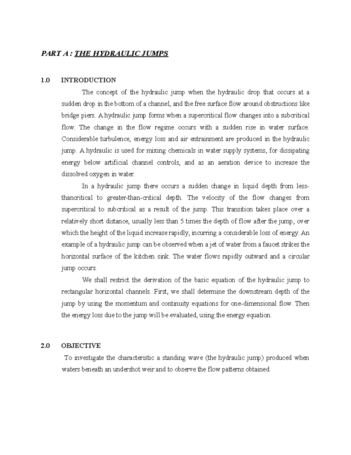 Open channel flow report lab - PART A : THE HYDRAULIC JUMPS 1 ...