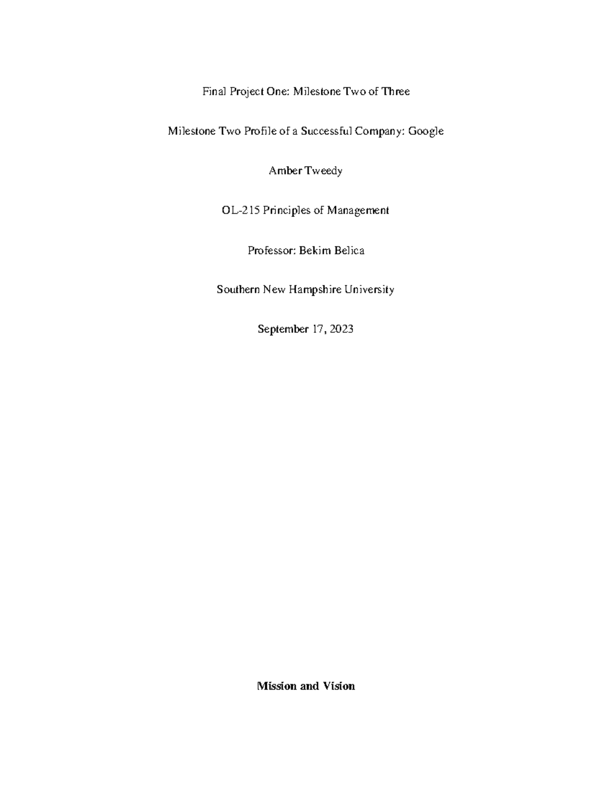 Final Project One Milestone Two of Three - Final Project One: Milestone ...