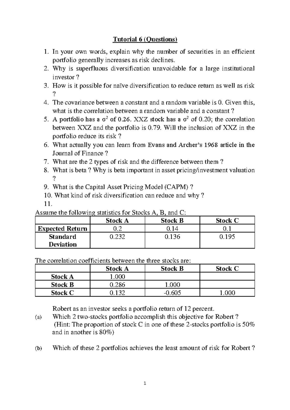 Tutorial 6 (Questions) - 1 Tutorial 6 (Questions) In your own words ...