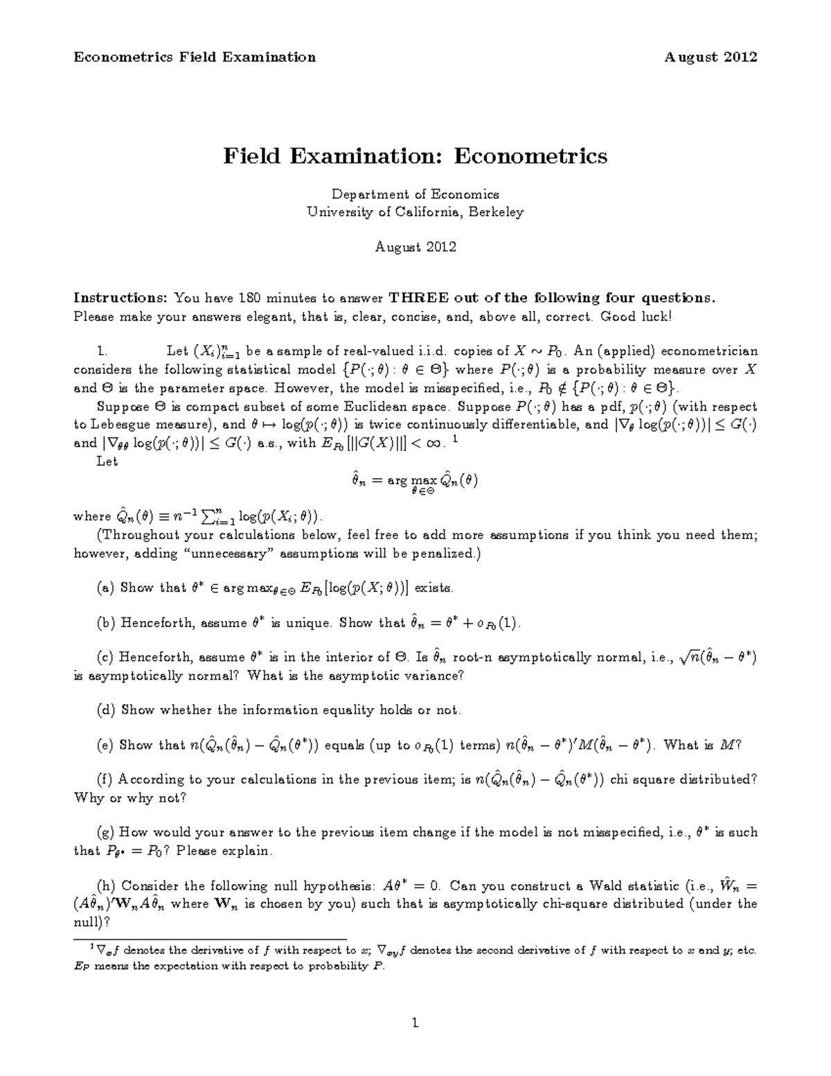 Econometrics Field Exam Aug 12 Studocu