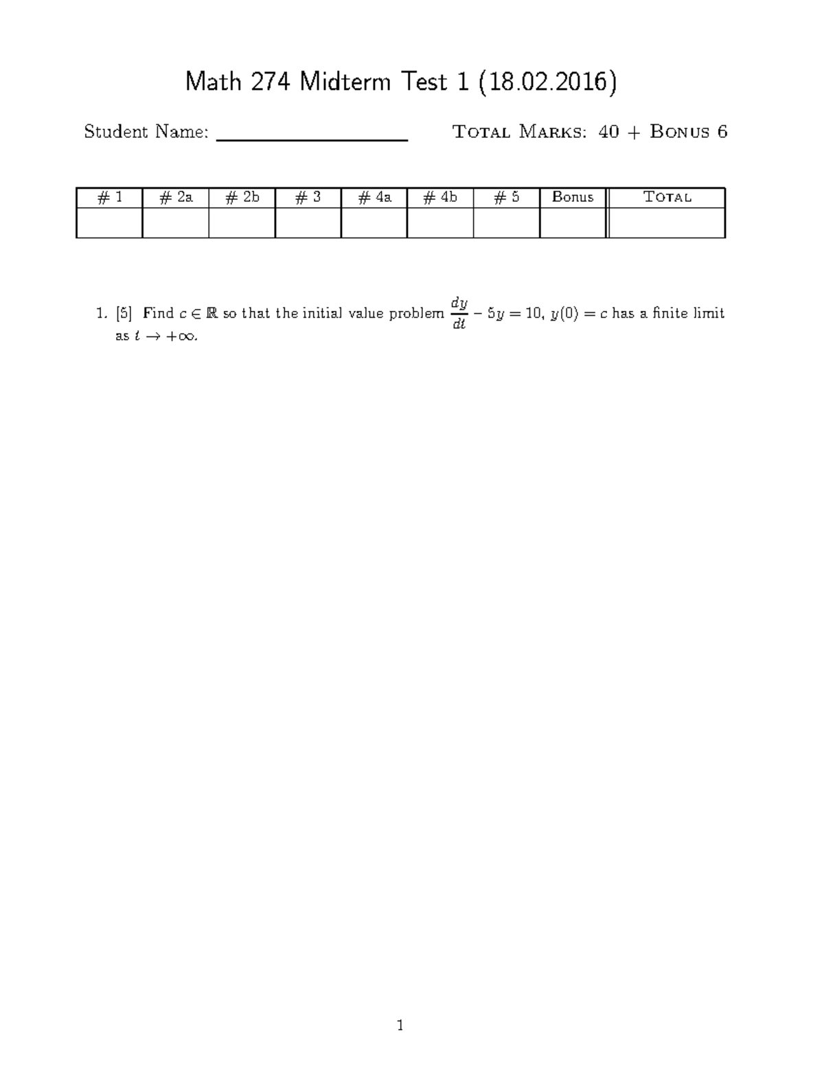 Exam 16 March 2020, questions and answers - Math 274 Midterm Test 1 (18 ...