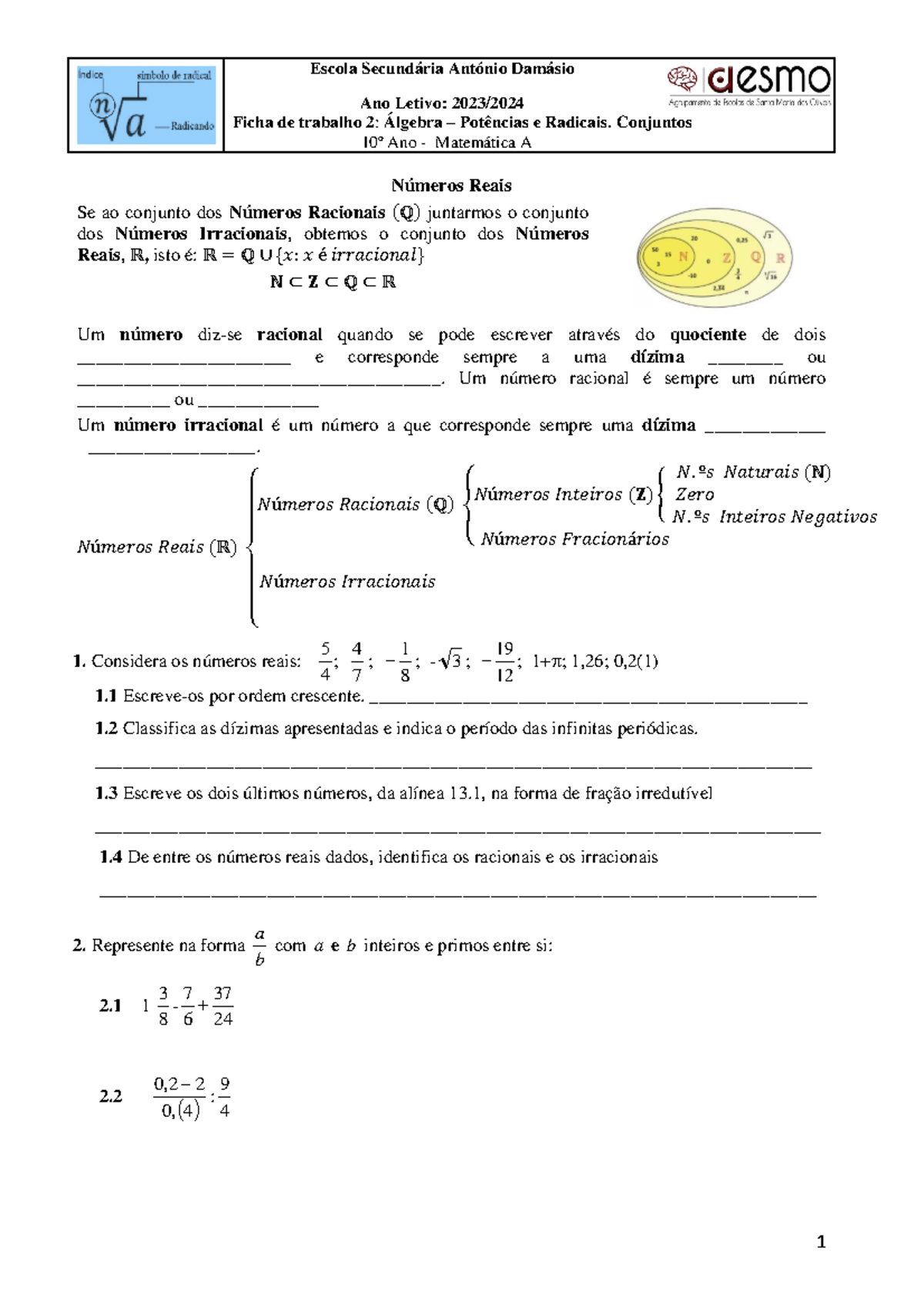 F2-Potências e Radicais e conjuntos - 1 Escola Secundária António ...