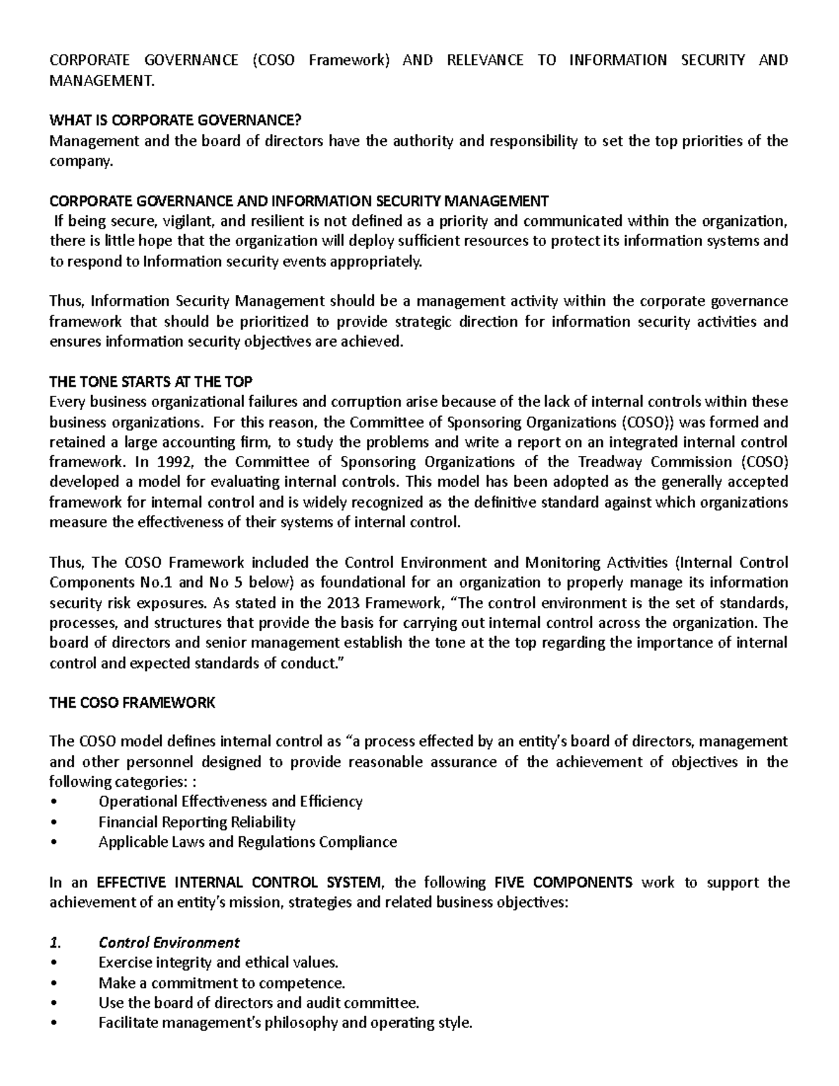 ISM - Corporate Governance (COSO Framework) - CORPORATE GOVERNANCE ...