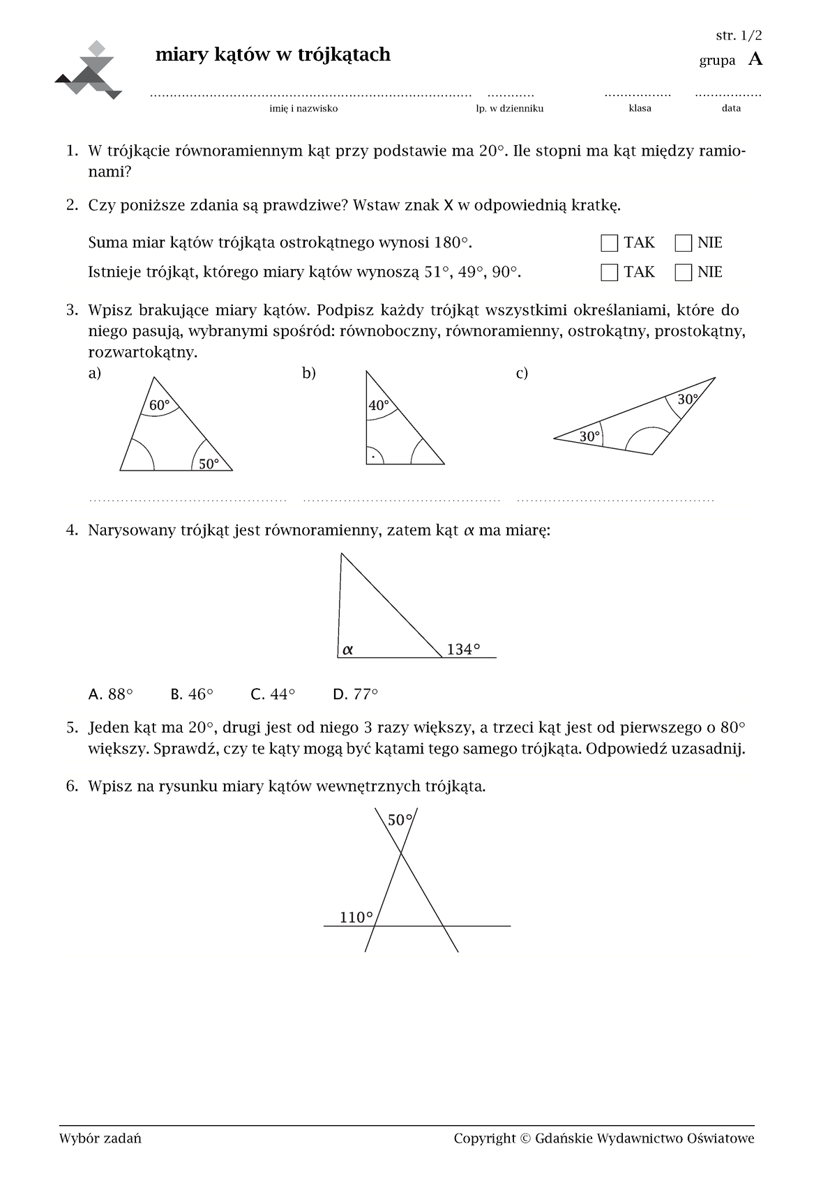 8.kl5.Miary kątów w trójkątach - miary kątów w trójkątach - Studocu
