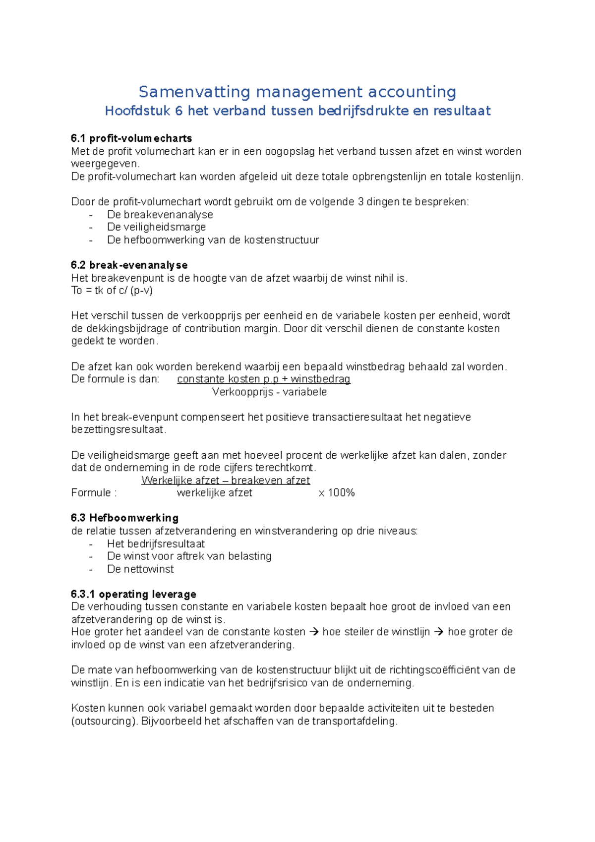 Samenvatting Management Accounting Hoofdstuk 16 - De Profit-volumechart ...