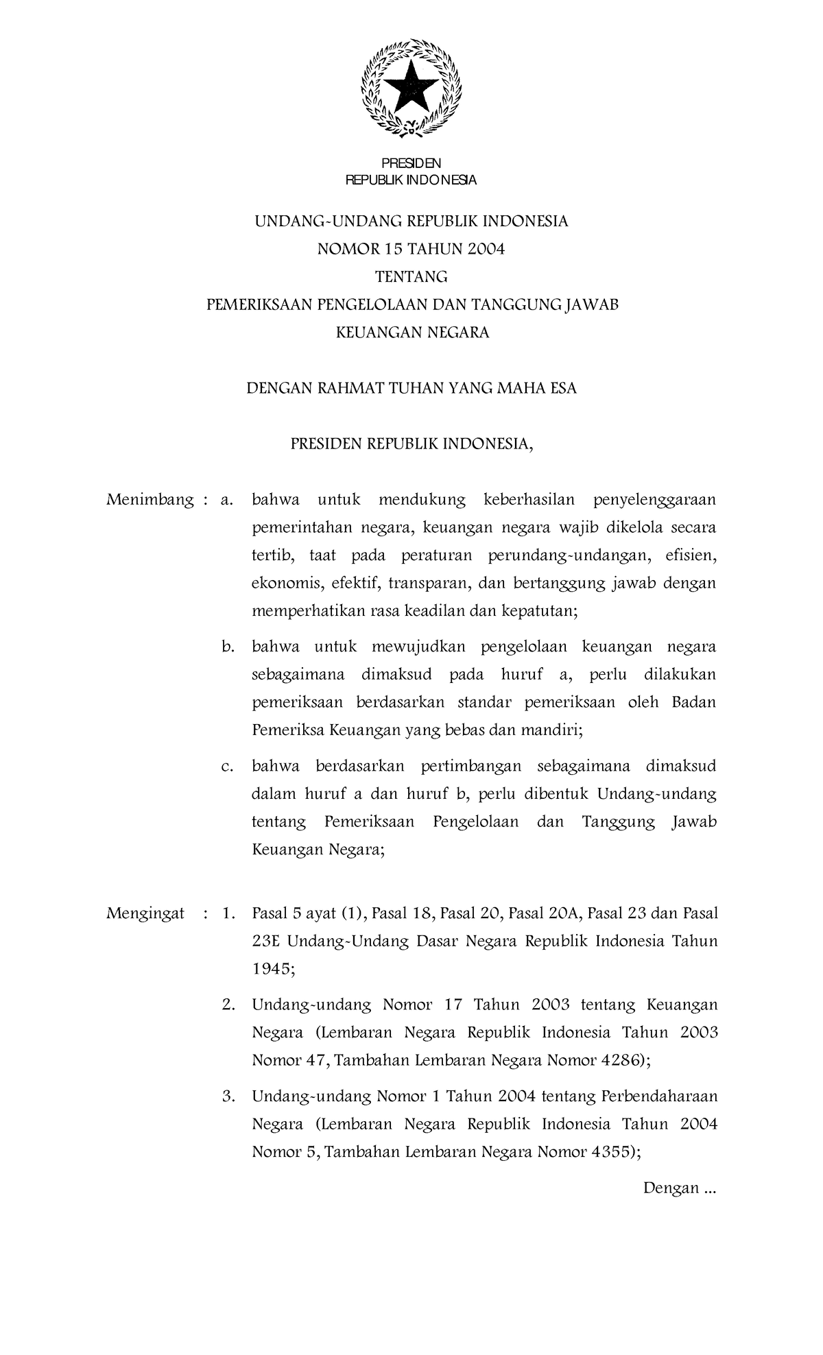 UU Nomor 15 Tahun 2004 - Vdghhy - REPUBLIK INDONESIA UNDANG-UNDANG ...