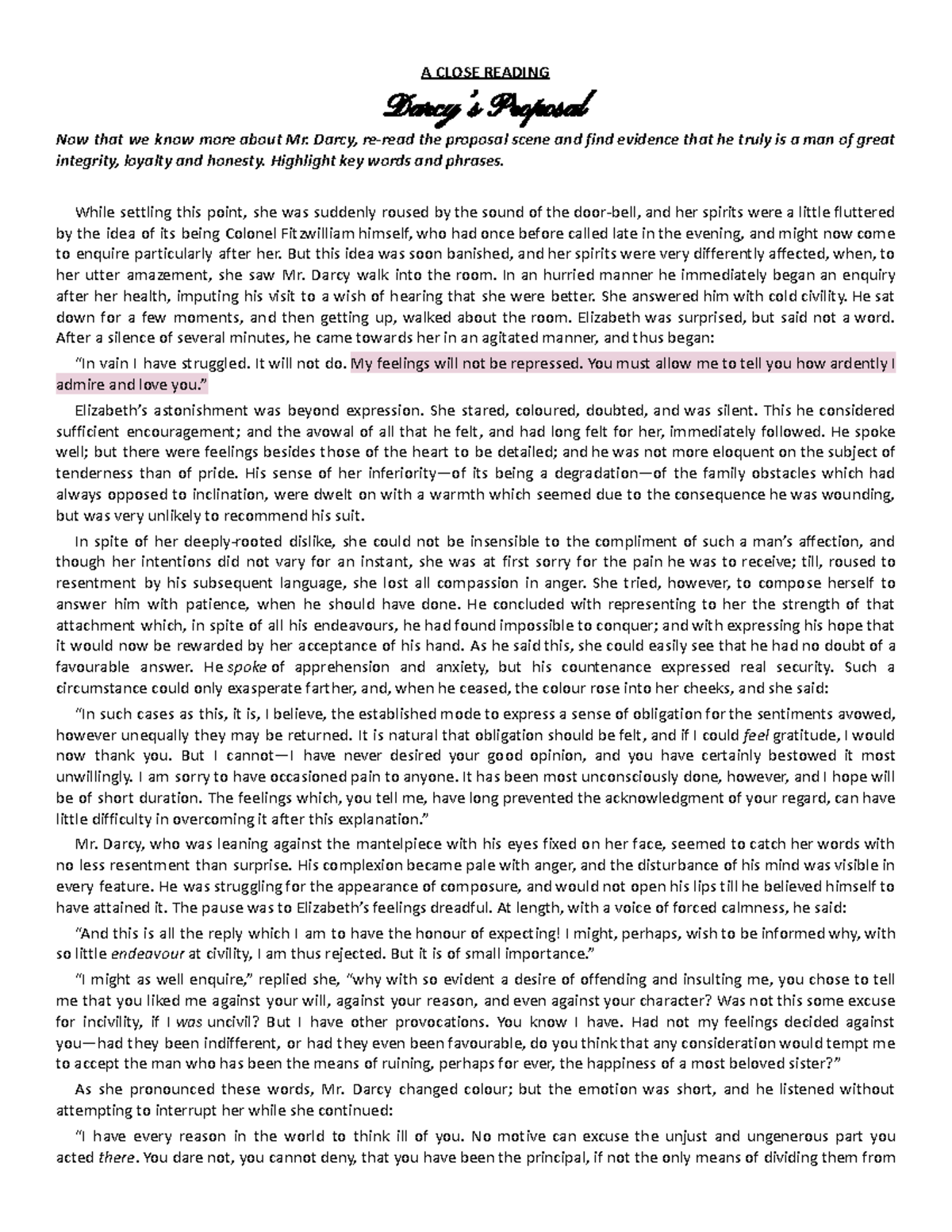 Copy of A Close Reading Darcy's Proposal A CLOSE READING Darcy’s