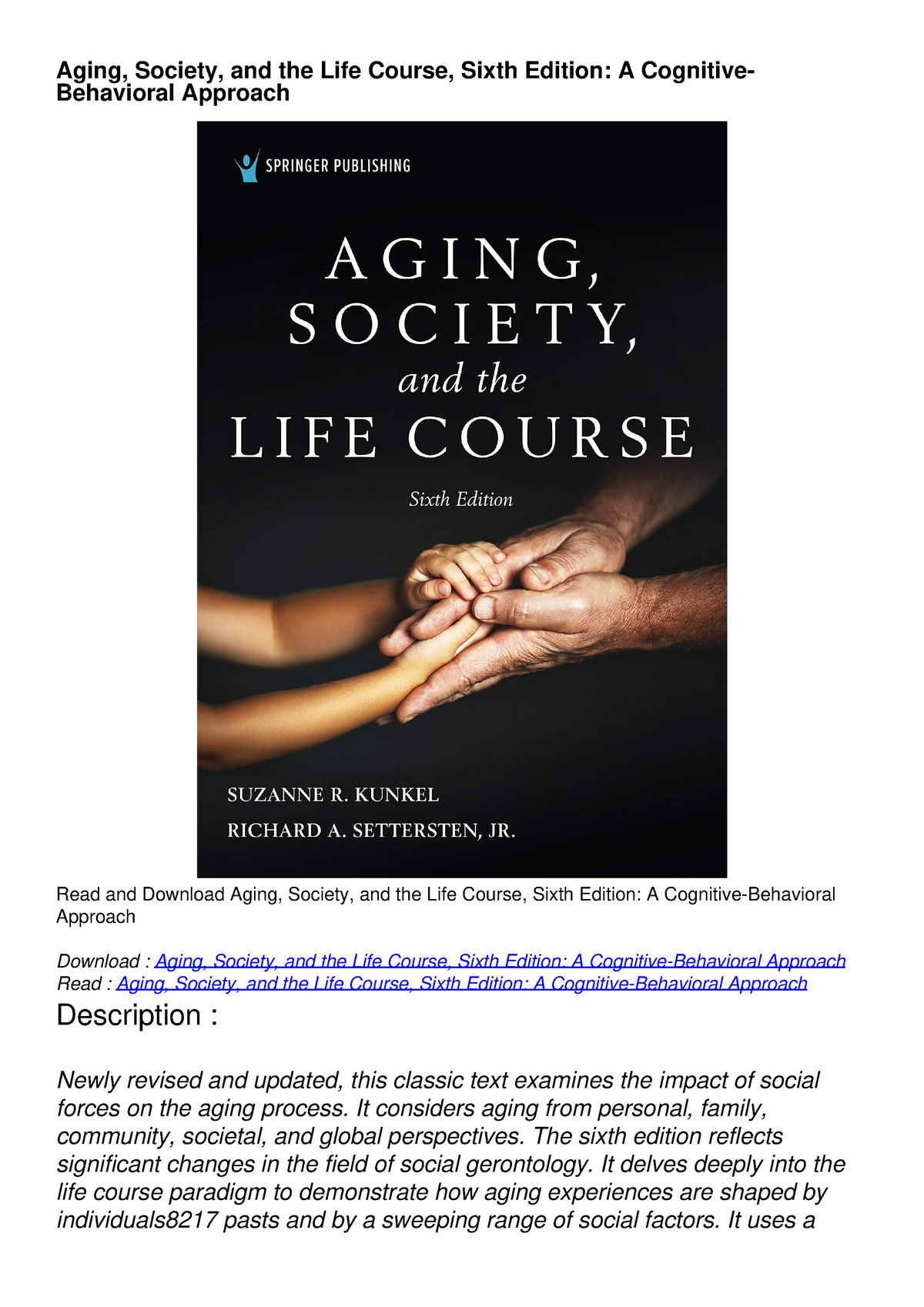 Read Book Aging, Society, and the Life Course, Sixth Edition: A ...