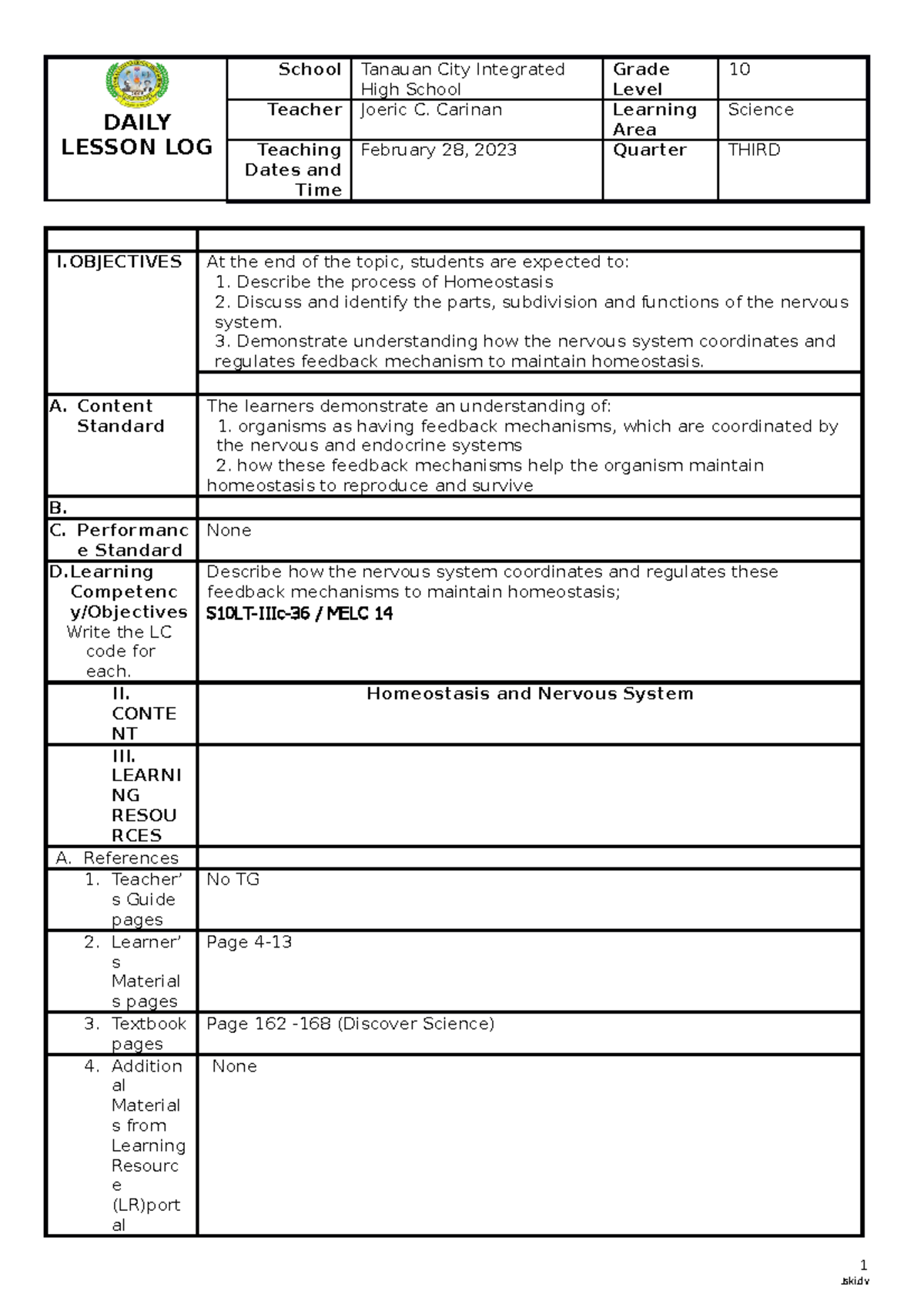 DLP Homeostasis AND Nervous System - DAILY LESSON LOG School Tanauan ...