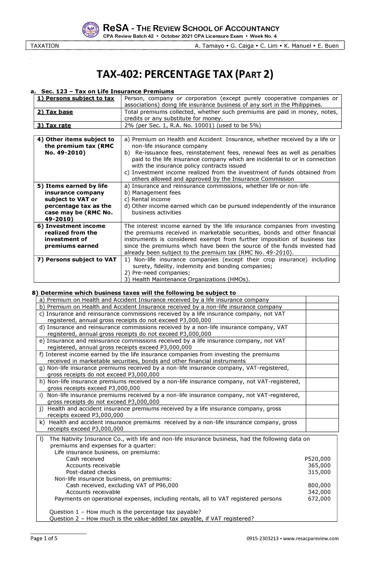 TAX 402 Percentage Tax Part 2 - ReSA - THE REVIEW SCHOOL OF ACCOUNTANCY ...