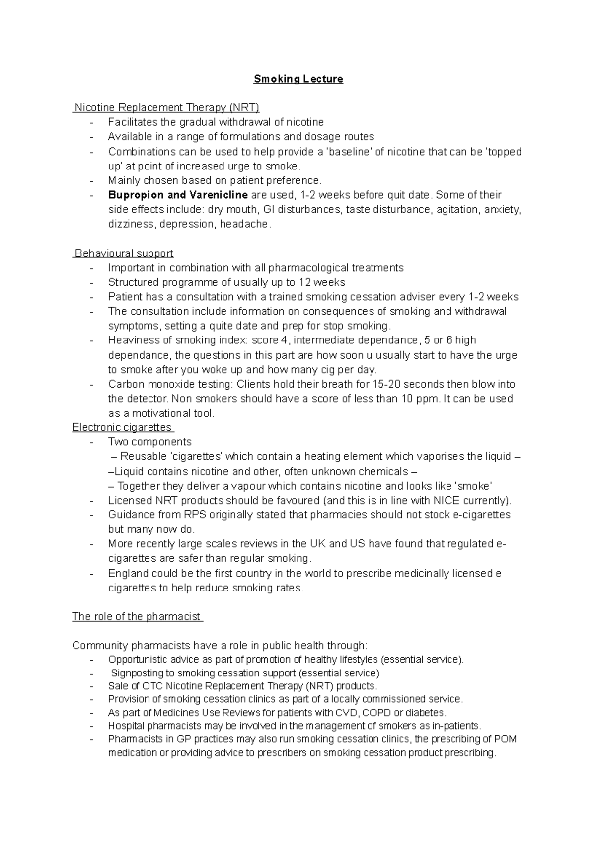 Public Health Notes (Full) - Smoking Lecture Nicotine Replacement ...