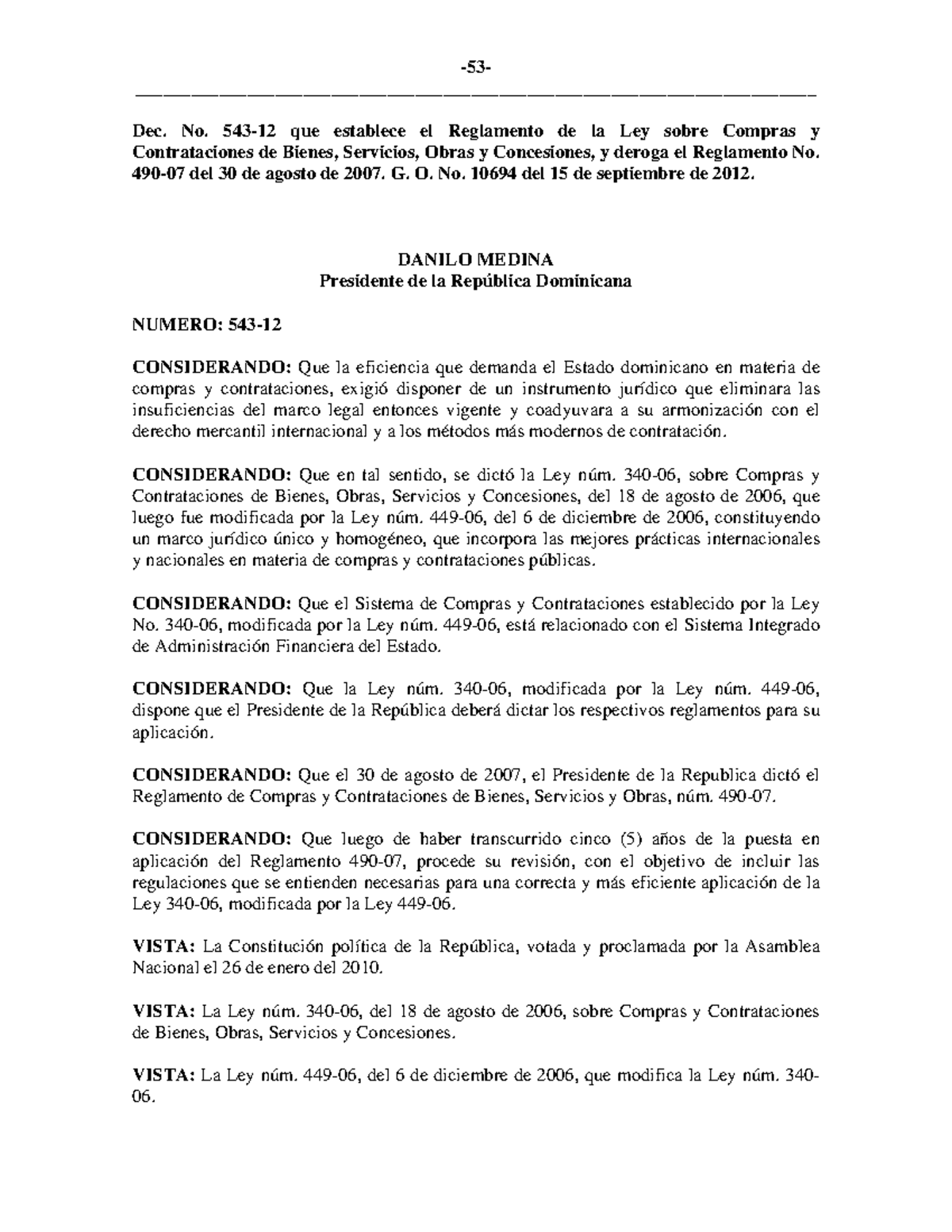 Decreto No. 543-12 (que aprueba el Reglamento de aplicación de la Ley 