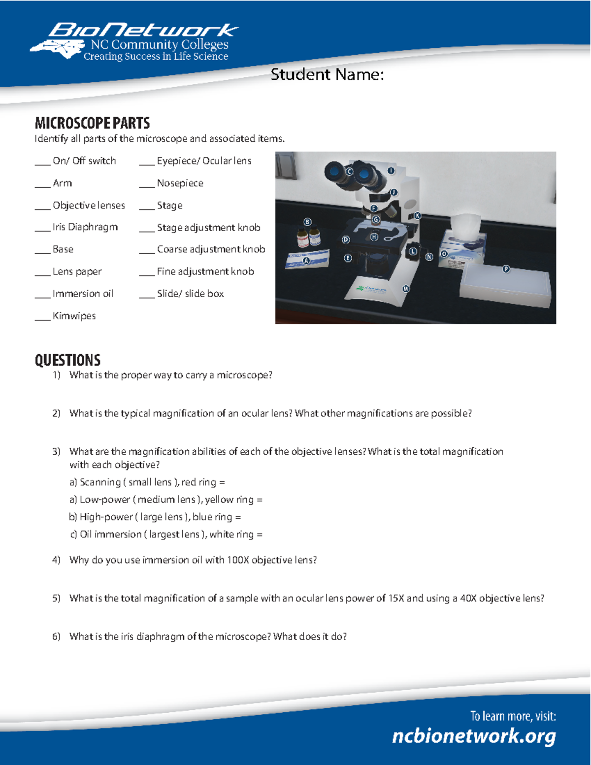 Microscope Assignment Worksheet MICROSCOPE PARTS Identify all parts