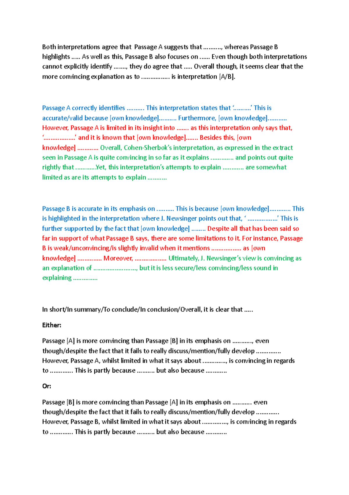 Writing frame for interpretation answer - Both interpretations agree ...