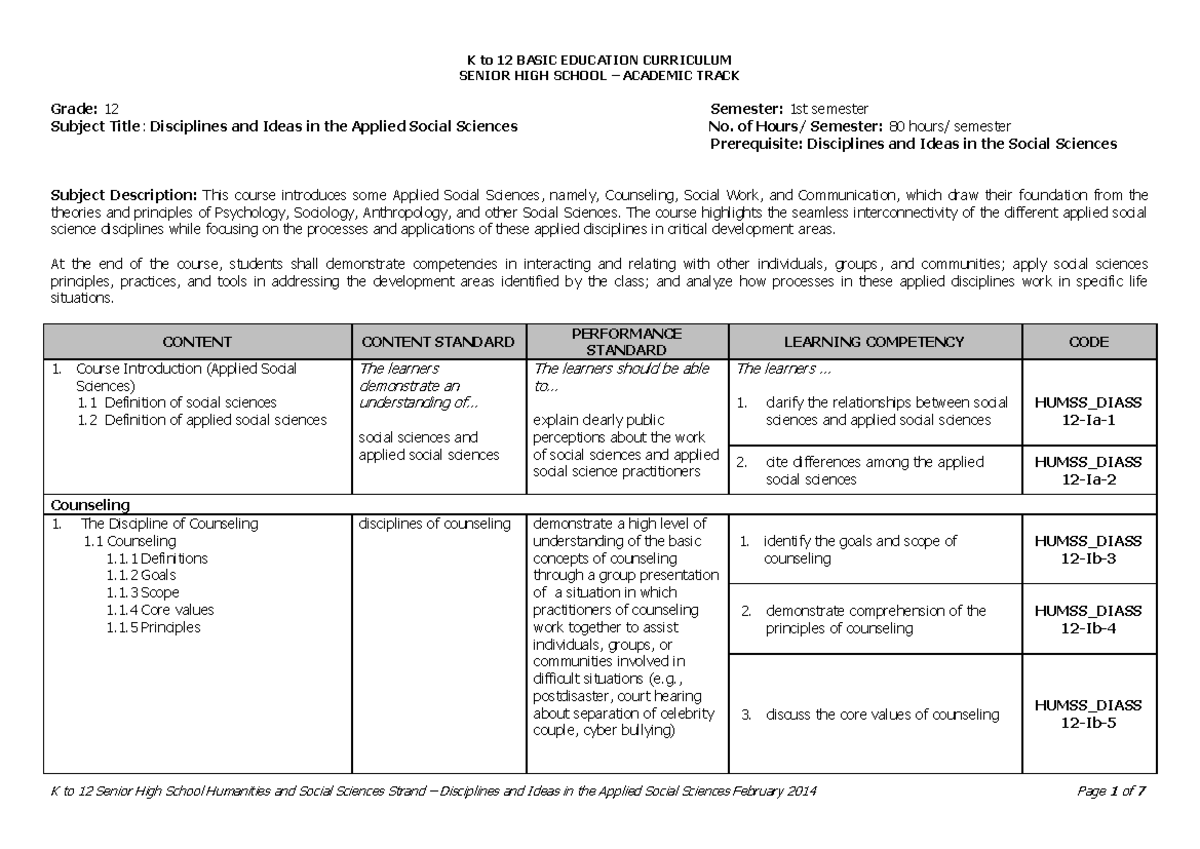 Disciplines and Ideas in the Applied Social Sciences - of Hours ...