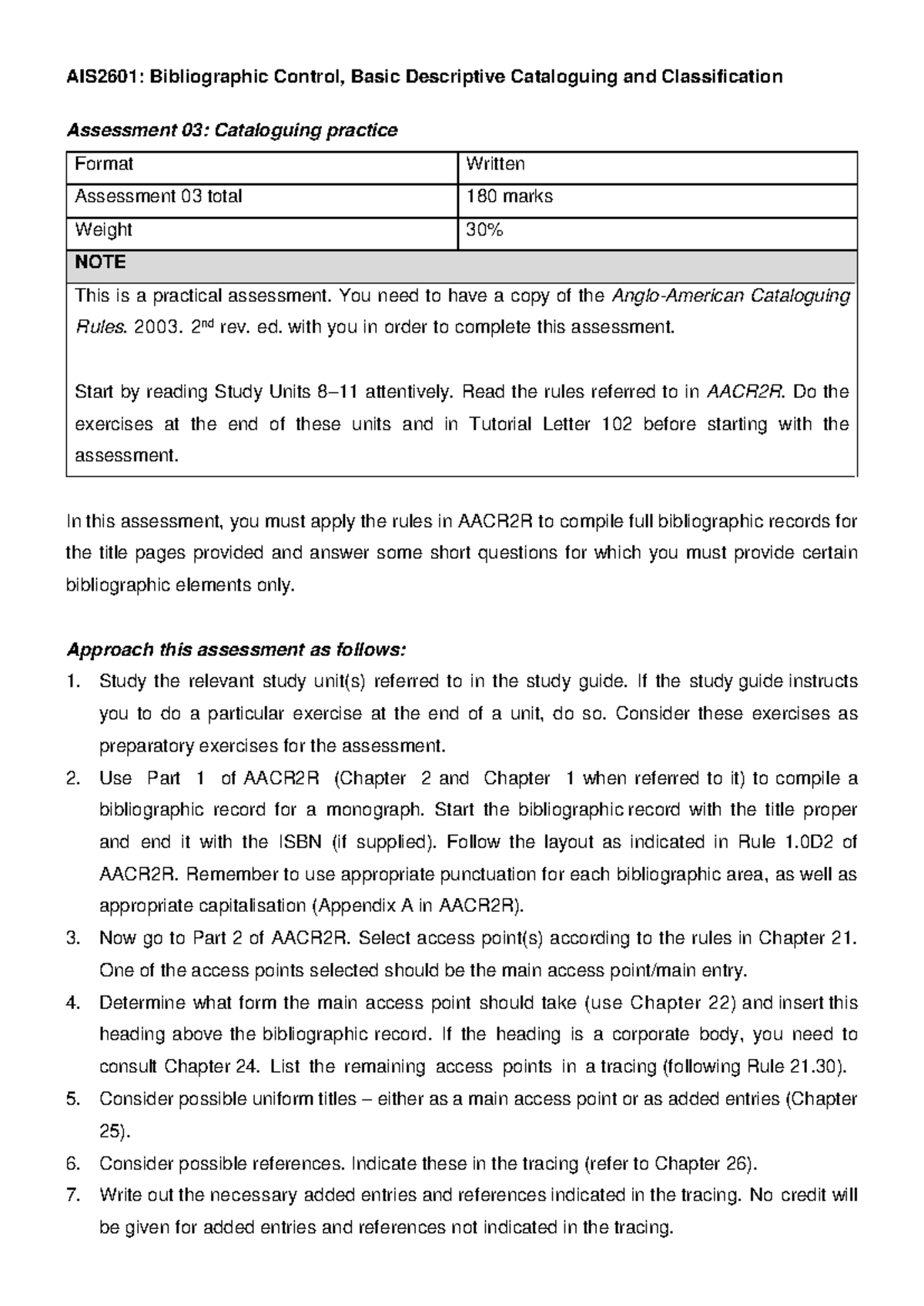 Assessment%2003 %20Cataloguing%20Practice - AIS2601: Bibliographic ...