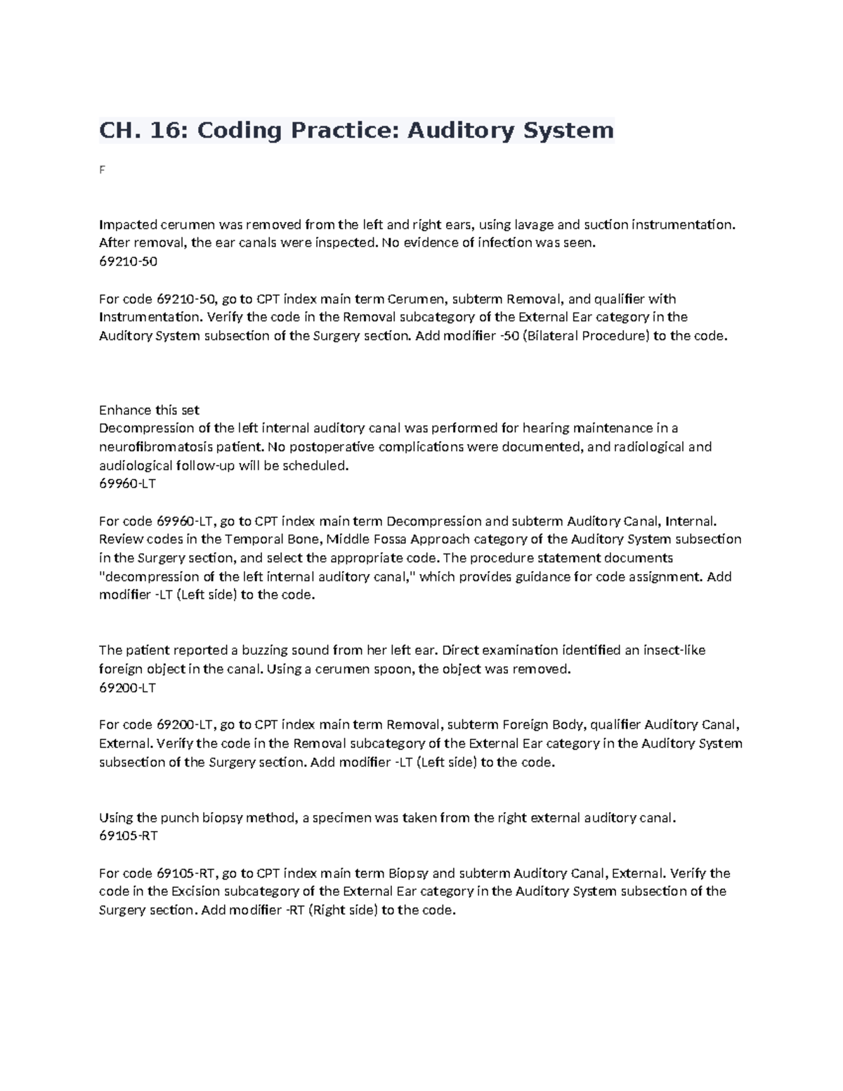 CH16 & 18 CPT REVIEW MATERAL CH. 16 Coding Practice Auditory