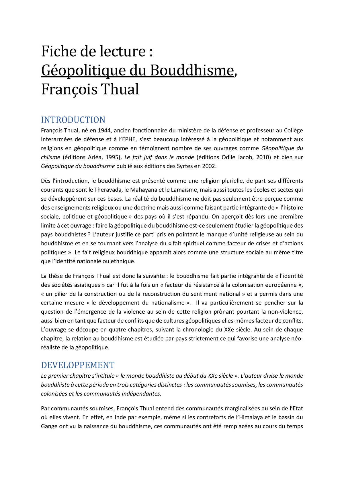 Fiche de lecture géopolitique du bouddhisme François Thual  Fiche de