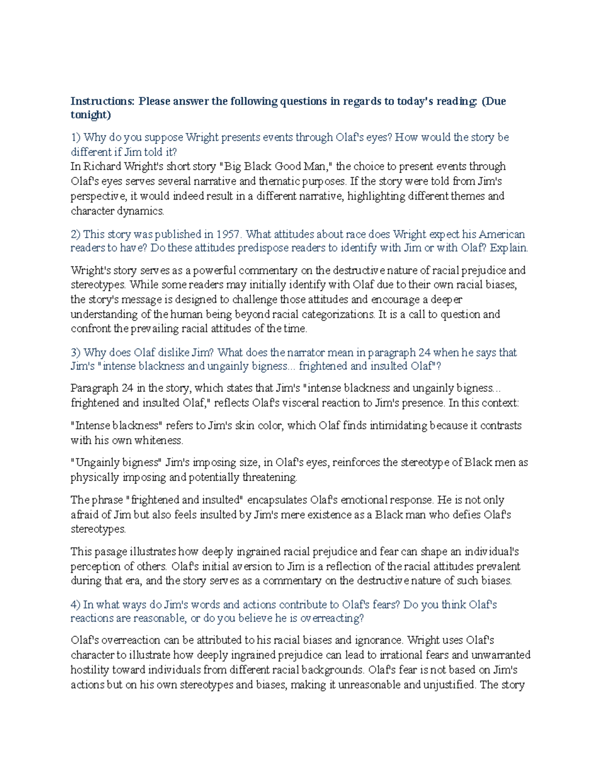 Big Black Man Questions and answers Instructions Please answer the