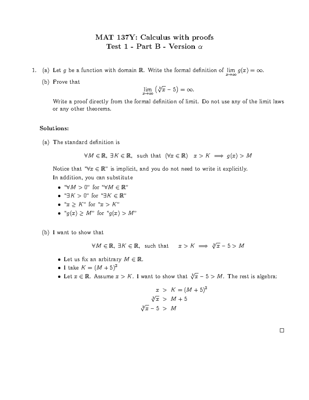 Test 1 - Part B - Version α - MAT 137Y: Calculus With Proofs Test 1 ...