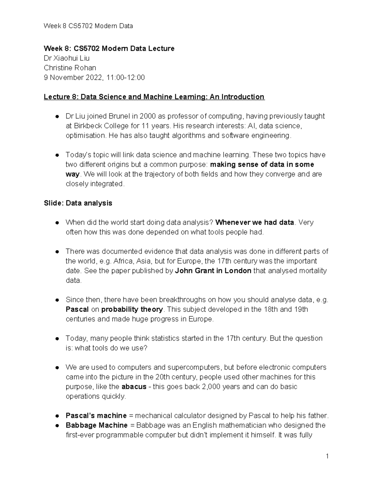 Lecture 8 - Notes - Week 8: CS5702 Modern Data Lecture Dr Xiaohui Liu ...