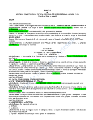 Minutasmodelo EIRL - TRABAJO PRIMERO - MINUTA MODELO de MINUTA DE  CONSTITUCION DE EMPRESA INDIVIDUAL - Studocu