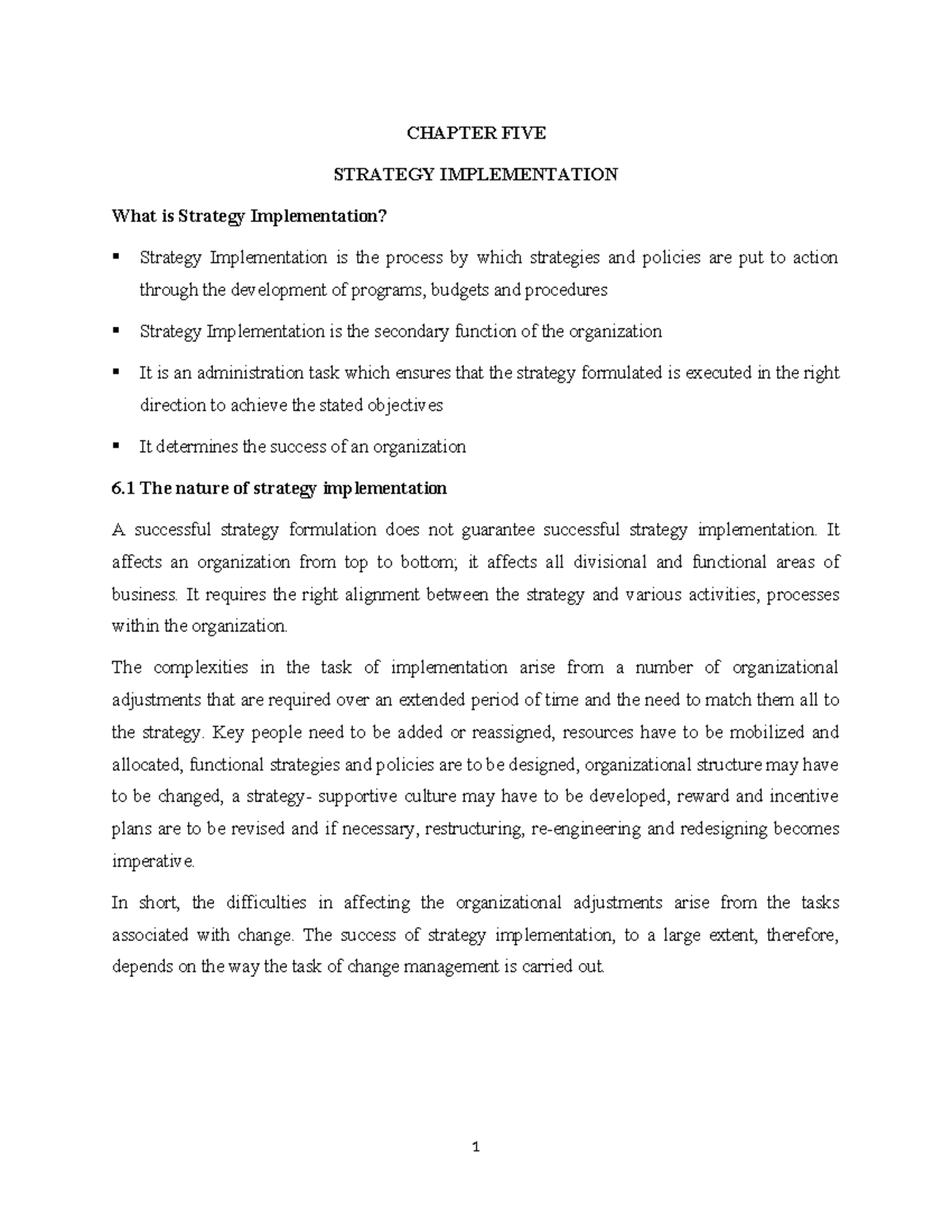 Chapter 5 - ITS GOOD FOR STUDENT - CHAPTER FIVE STRATEGY IMPLEMENTATION ...