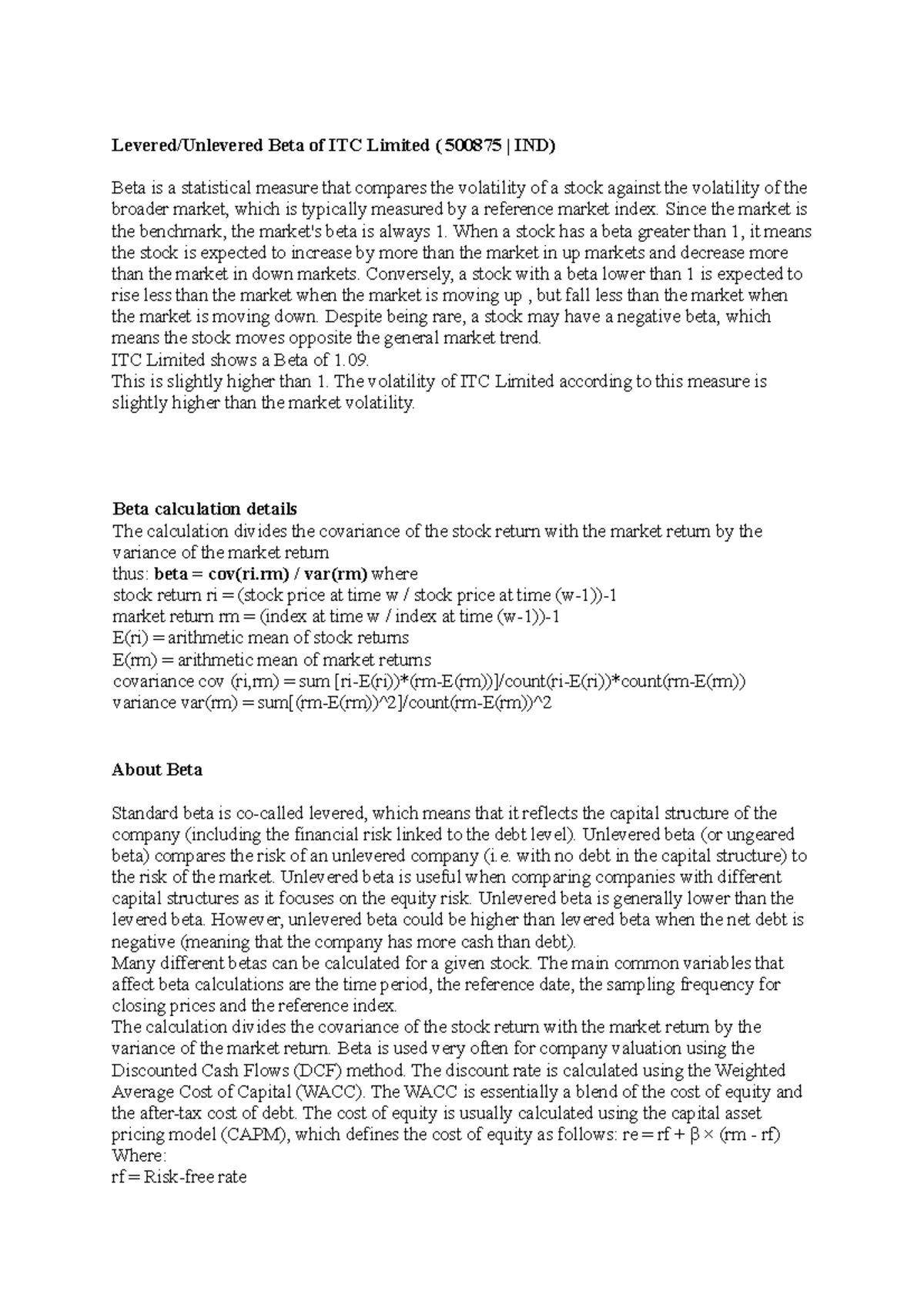 BETA ITC for stock market - Principles Of Microeconomics - GU - Studocu