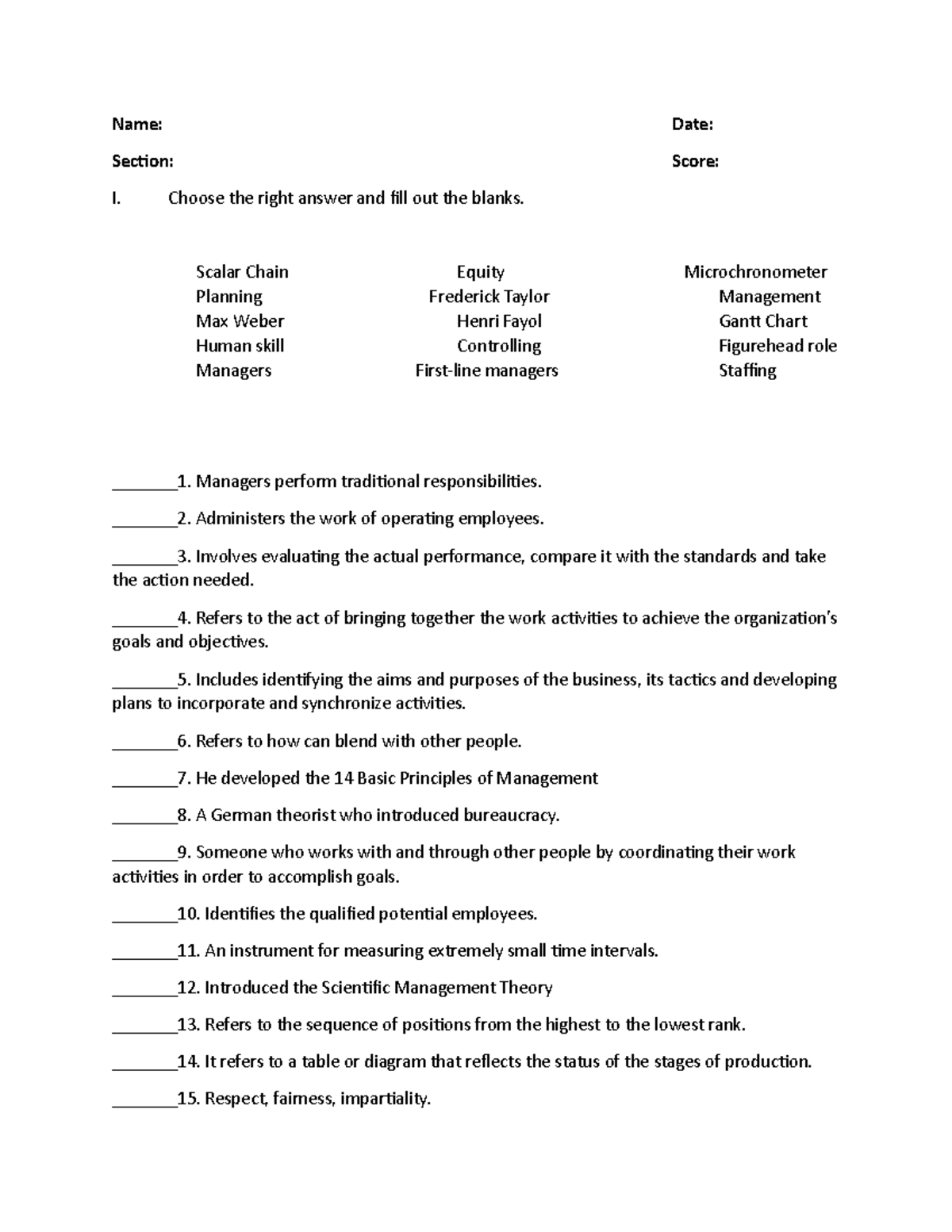 Quiz 1 4 February 2018, questions - Name: Date: Section: Score: I ...