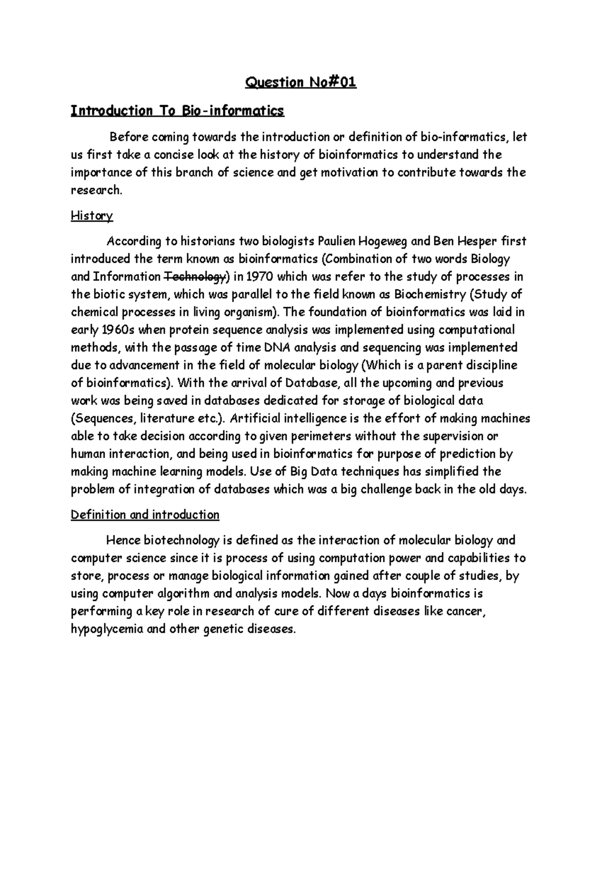 Assignments #01 - Question No# Introduction To Bio-informatics Before ...
