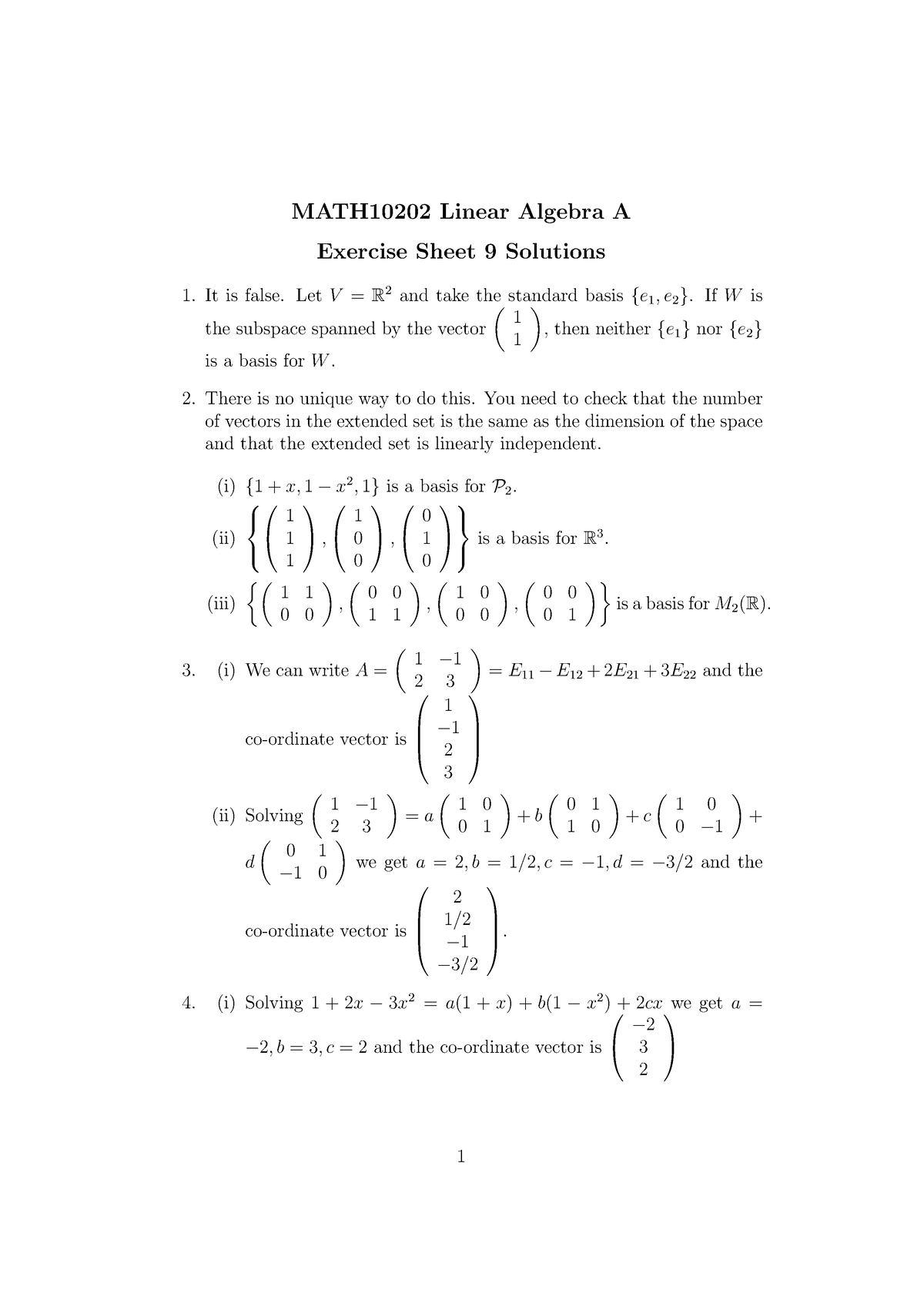 Solutions 9 - MATH10202 Linear Algebra A Exercise Sheet 9 Solutions It ...