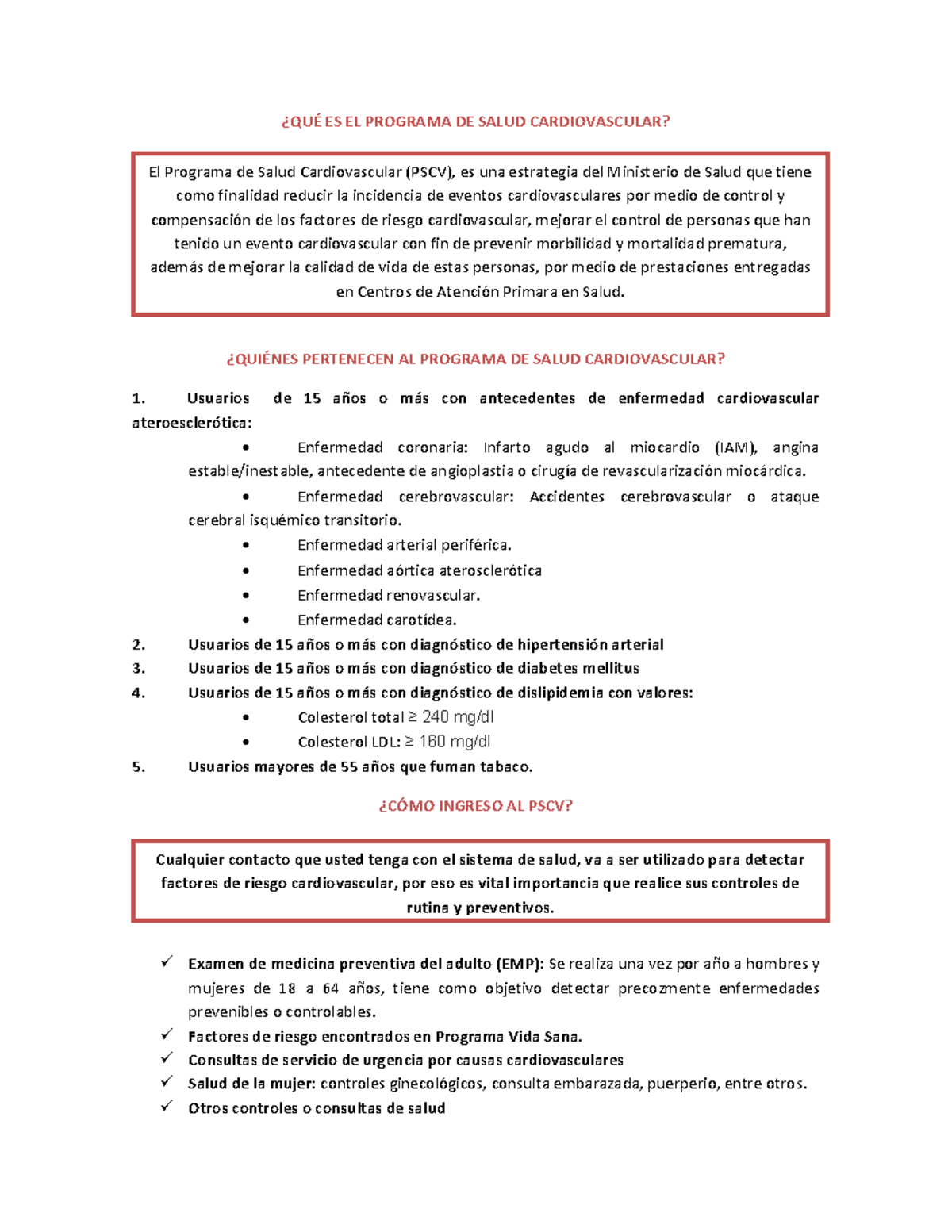 Resumen PSCV - ¿QUÉ ES EL PROGRAMA DE SALUD CARDIOVASCULAR? ¿QUIÉNES ...