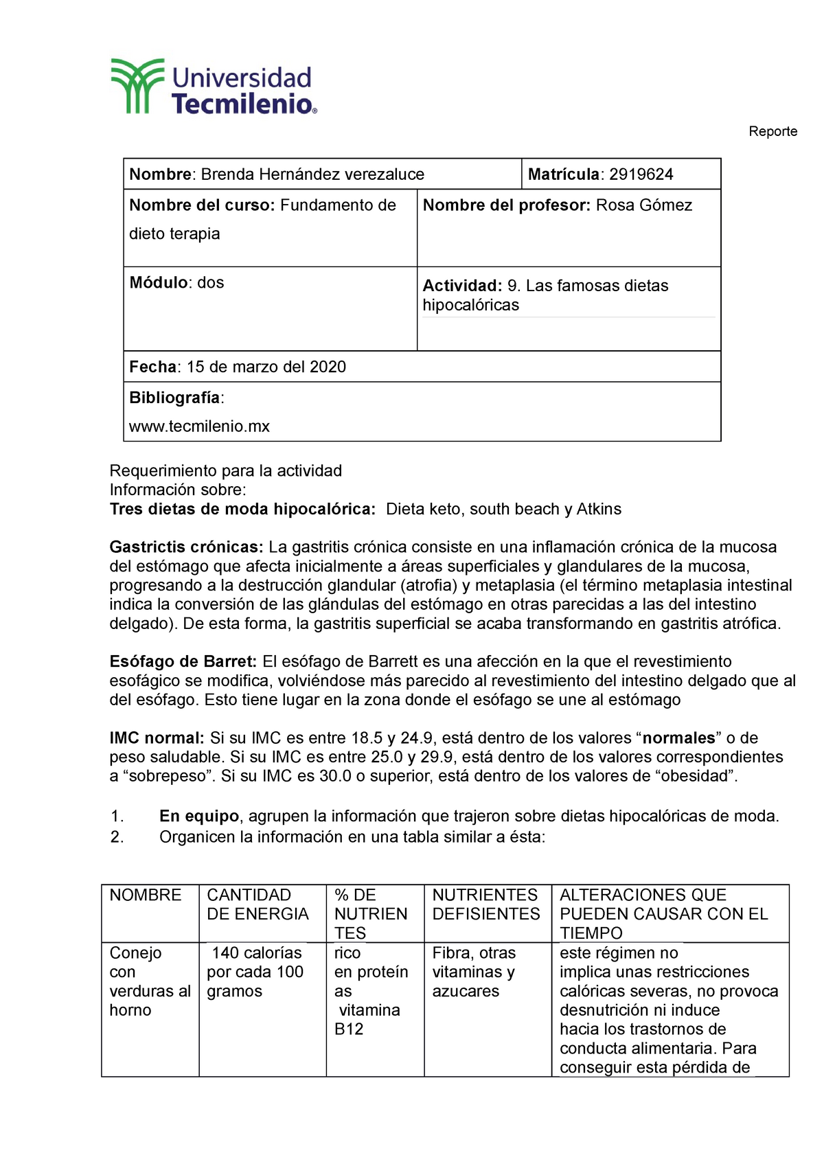 Actividad. 9 de dieto terapia universidad tecmilenio - Fundamentos de ...