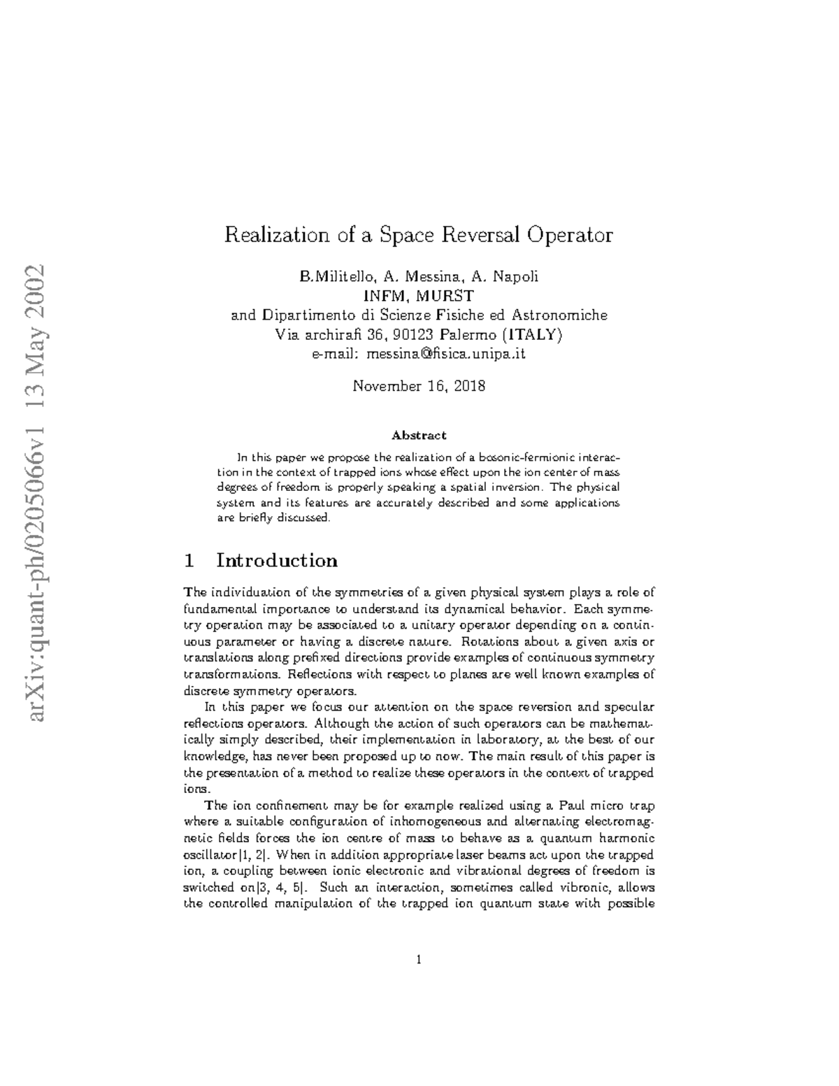 0205066 - Cours - ArXiv:quant-ph/0205066v1 13 May 2002 Realization Of A ...