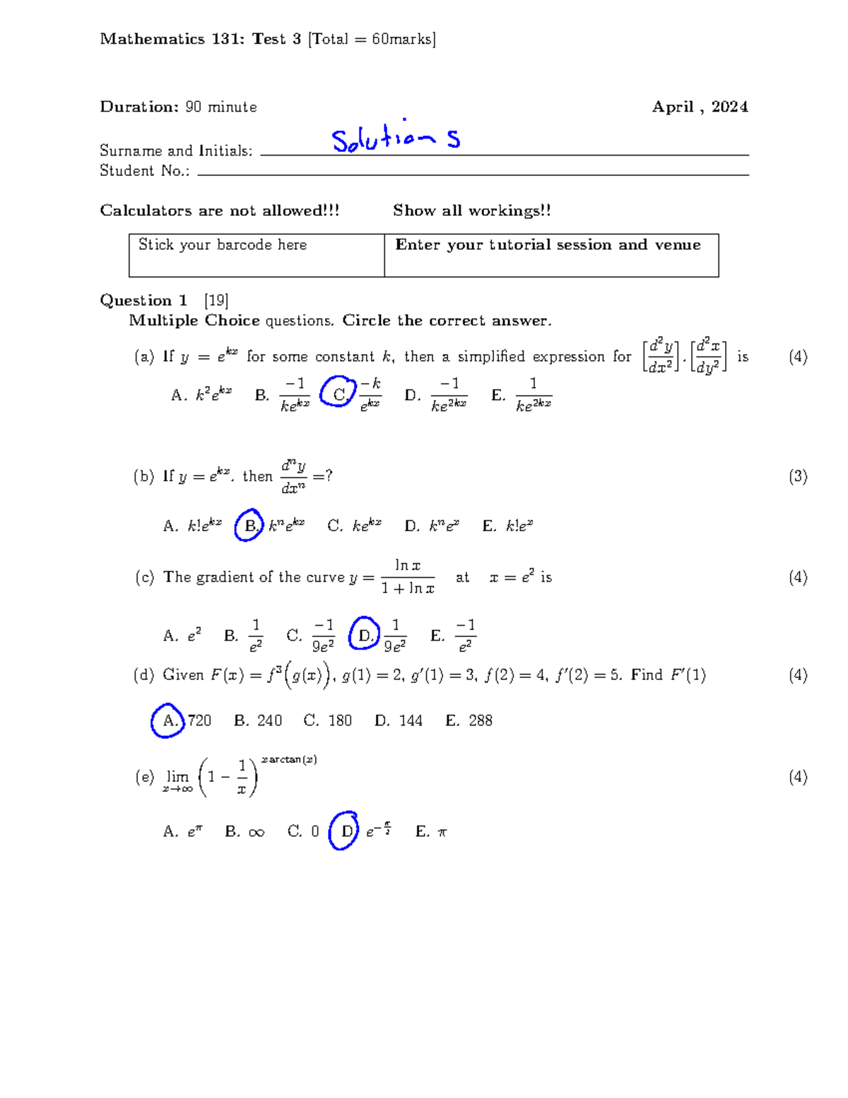 Math131 Test 3 2024 Marking guide - Mathematics 131: Test 3 [Total ...