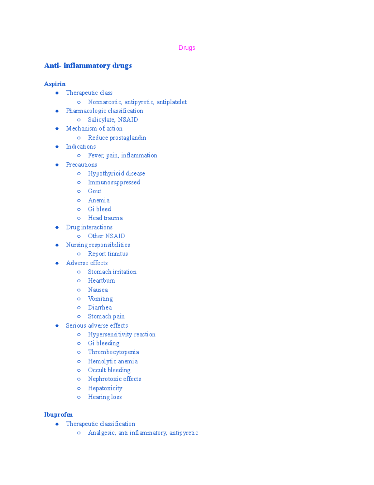 Pharm Antibiotics study guide Drugs Anti inflammatory drugs Aspirin Therapeutic class Studocu
