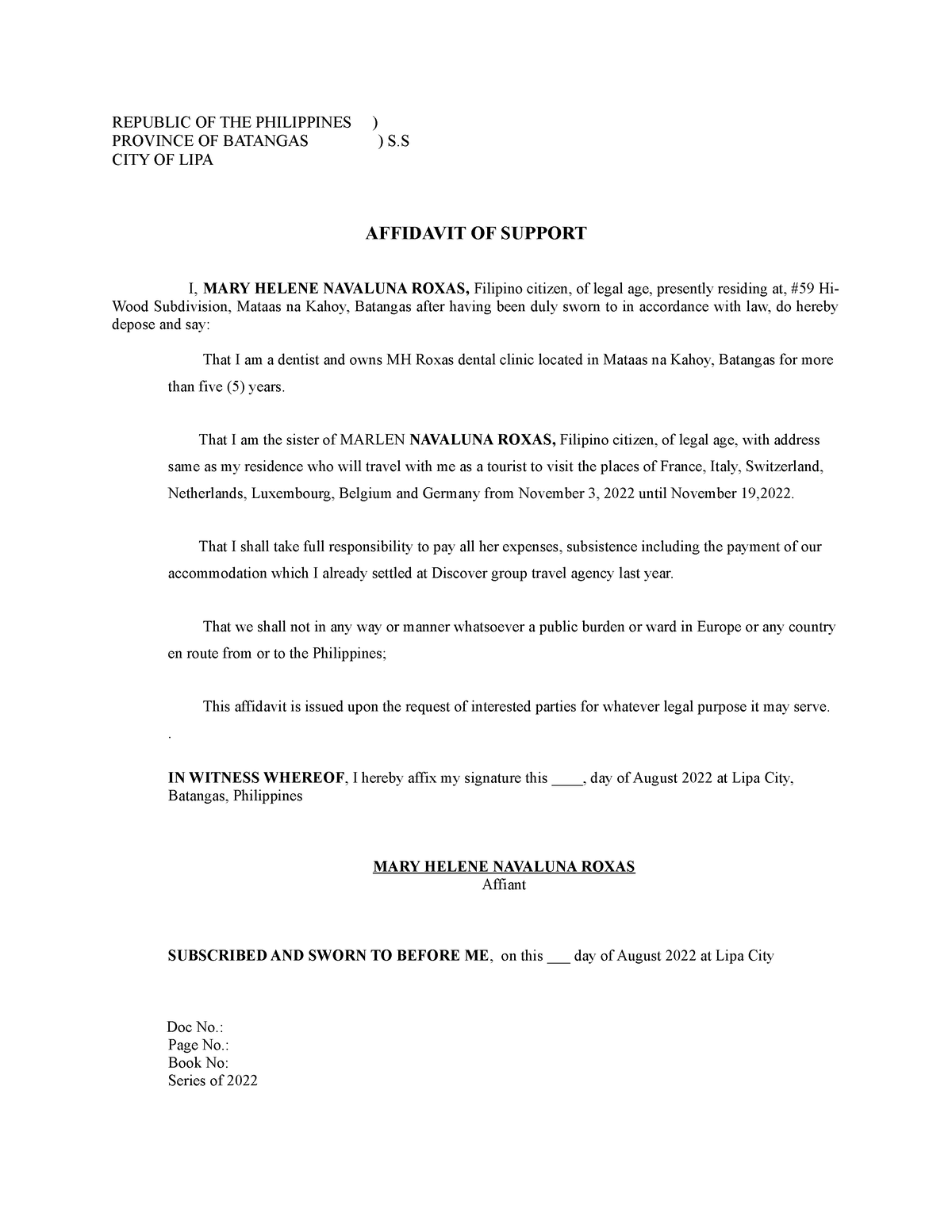 Affidavit of support edited - REPUBLIC OF THE PHILIPPINES ) PROVINCE OF ...