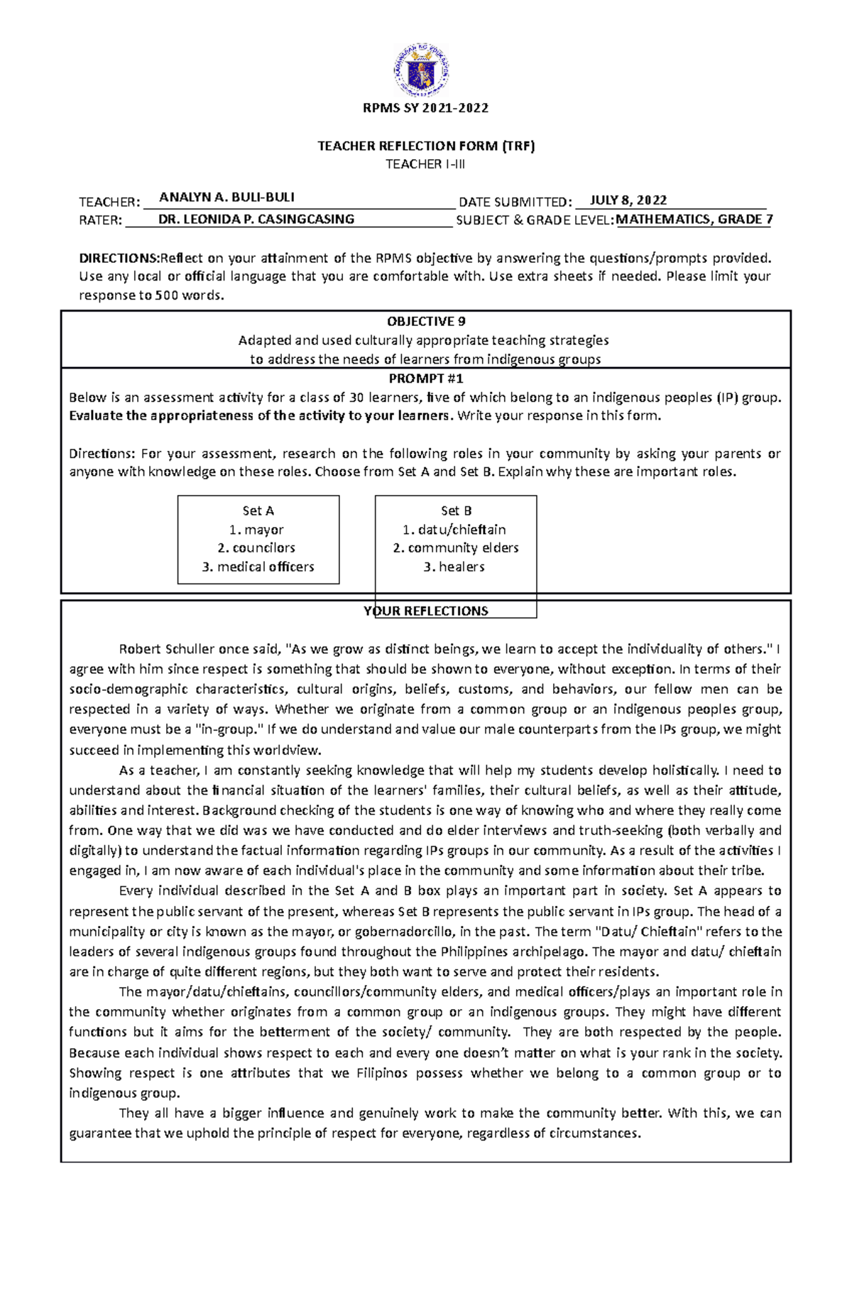 TRF template for CO1 - Set A mayor councilors medical officers Set B ...