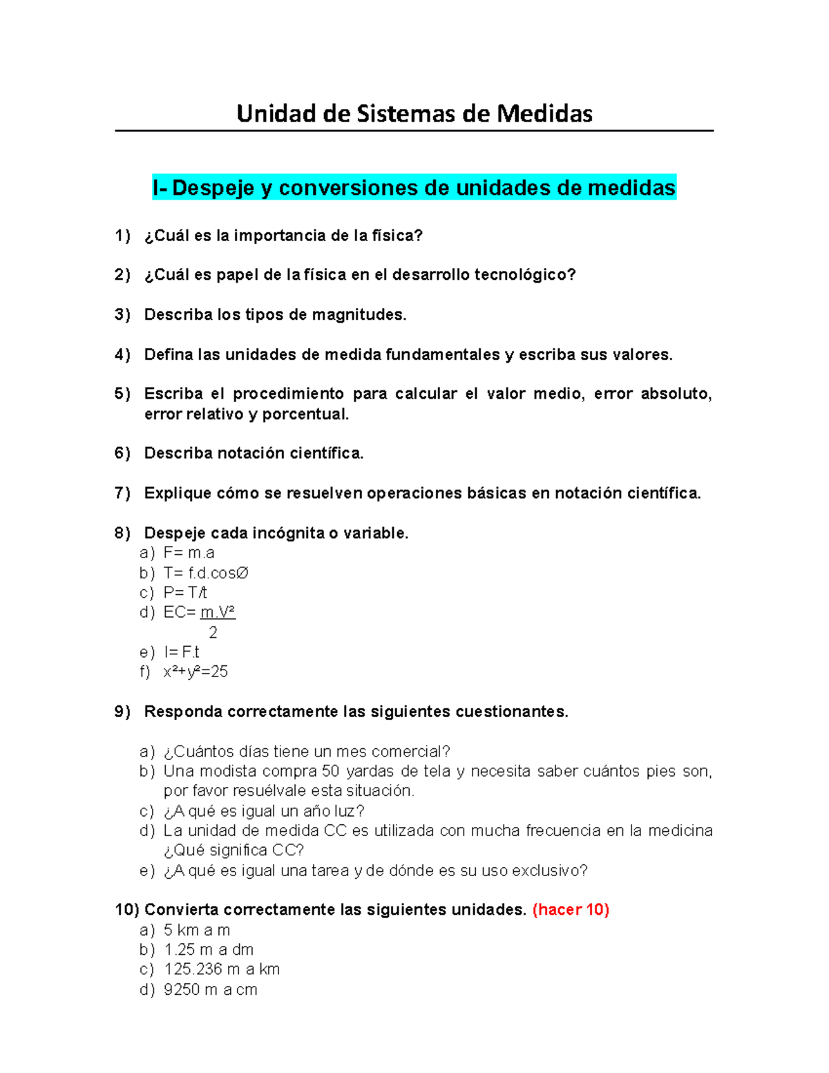 Actividad 1 Sistema De Medidas Unidad De Sistemas De Medidas I Despeje Y Conversiones De