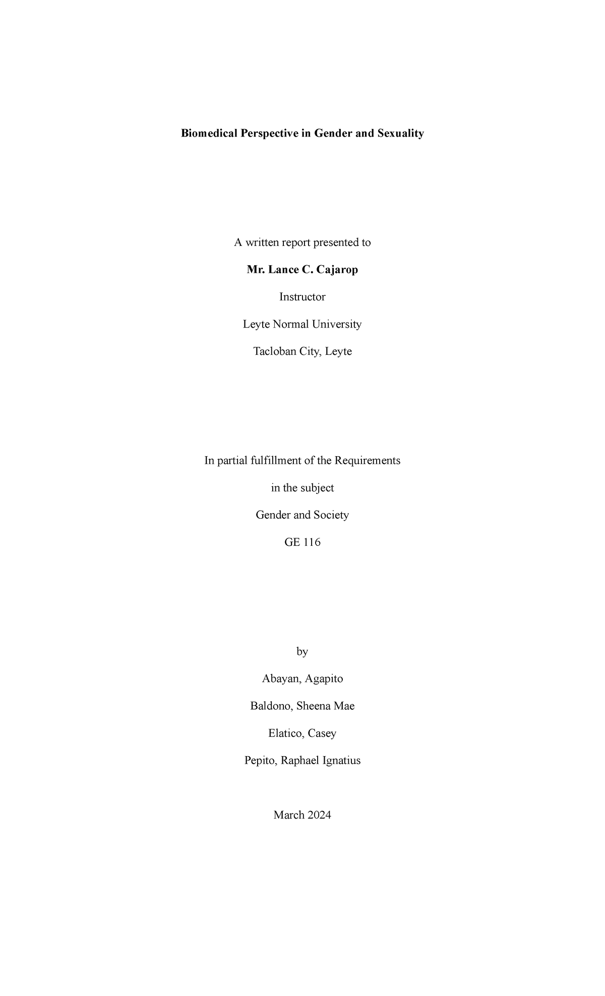 Biomedical Perspective In Gender And Sexuality Lance C Cajarop Instructor Leyte Normal 