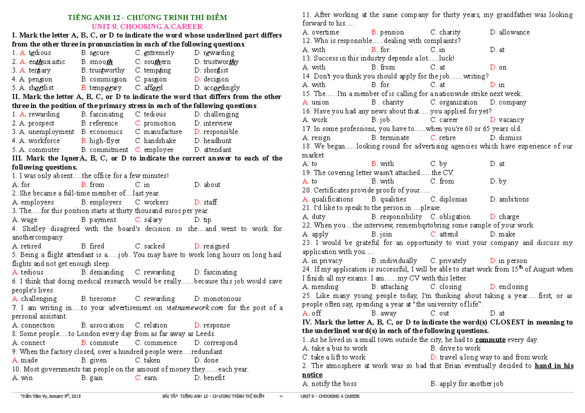 UNIT 9 Choosing A Career - TIẾNG ANH 12 - CHƯƠNG TRÌNH THÍ ĐIỂM UNIT 9 ...