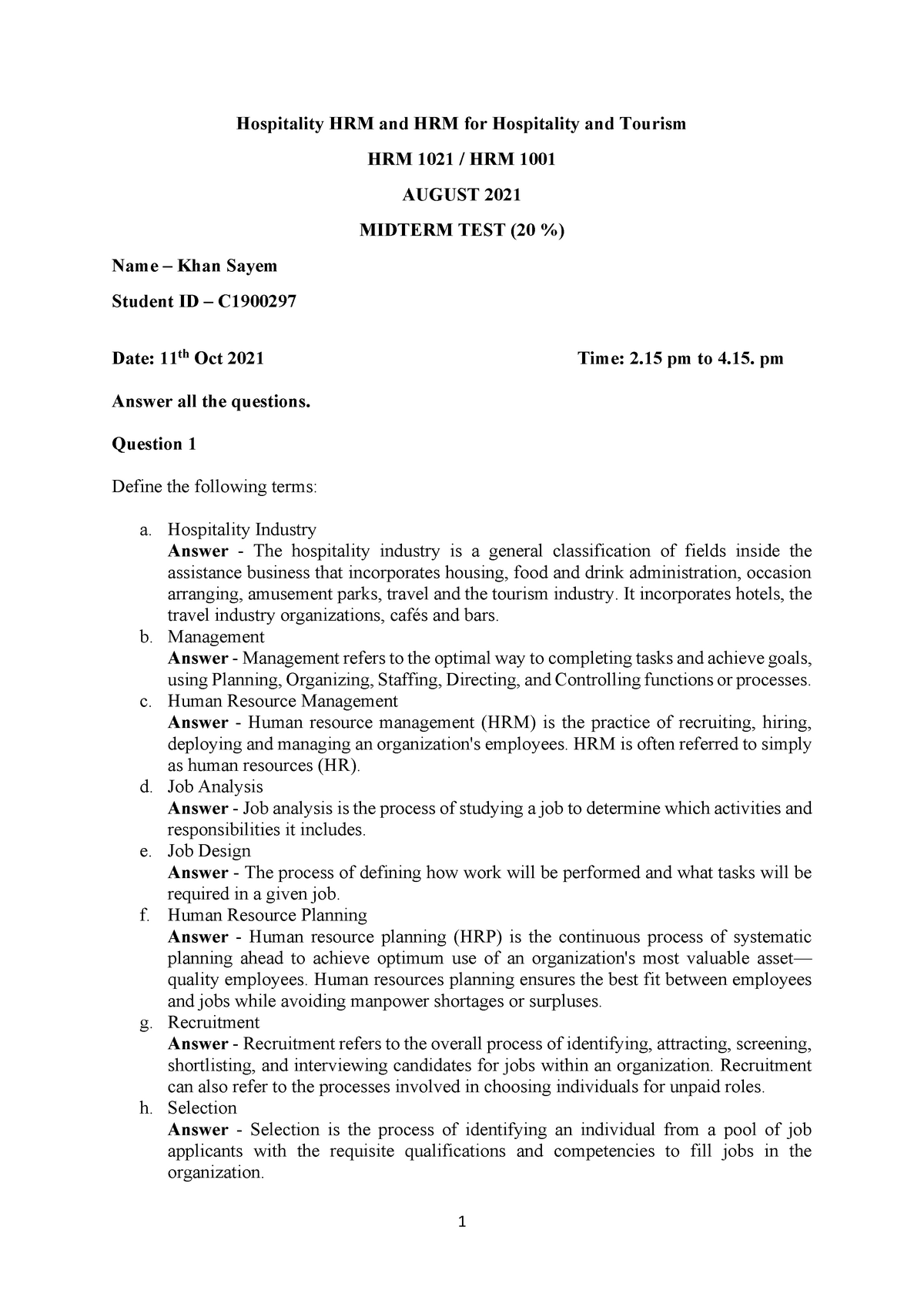 HRM 1021 and HRM 1001 Mid Term Test Answer - Hospitality HRM and HRM ...