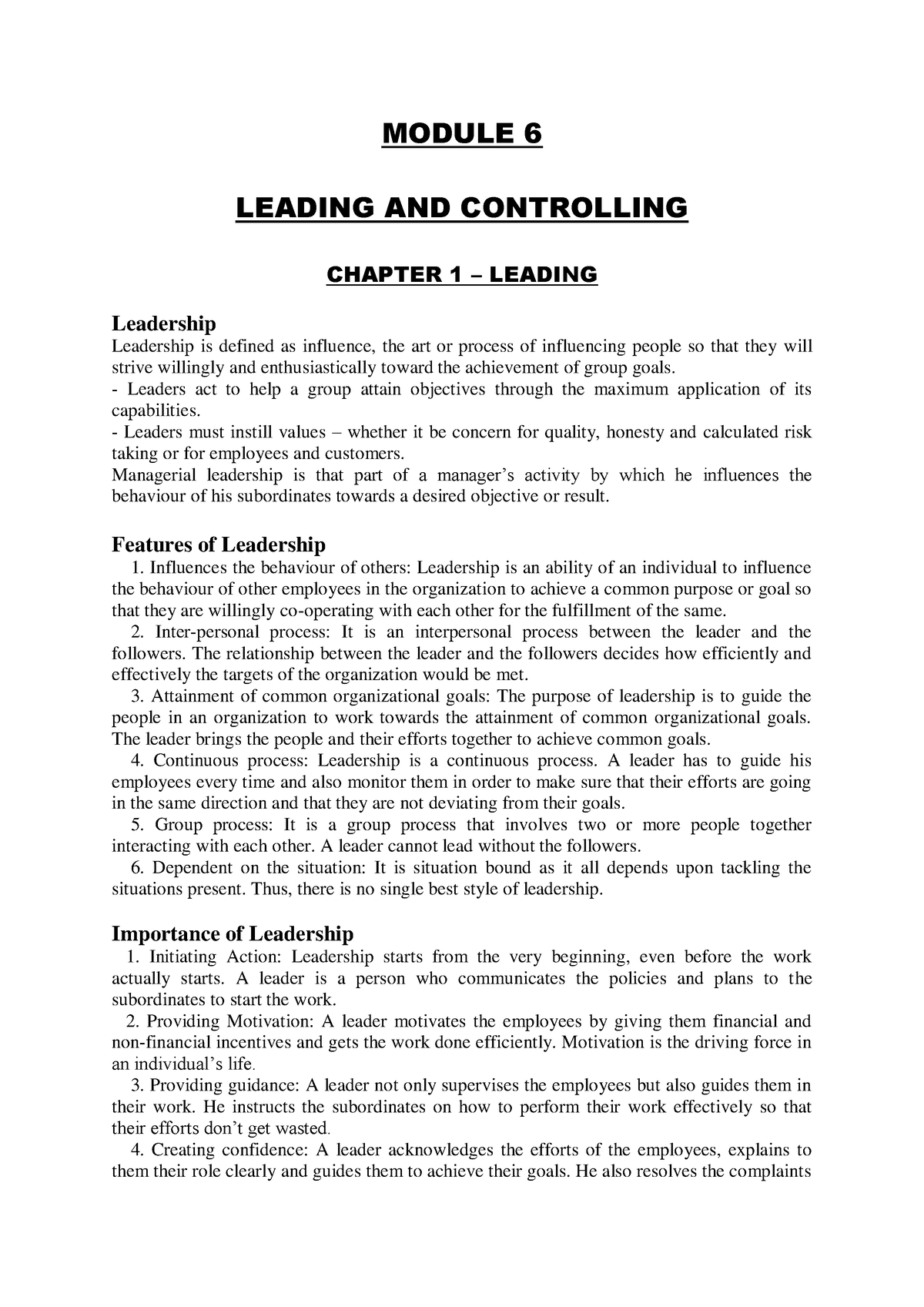 POM Module 6 - Lecture Notes 6 - MODULE 6 LEADING AND CONTROLLING ...