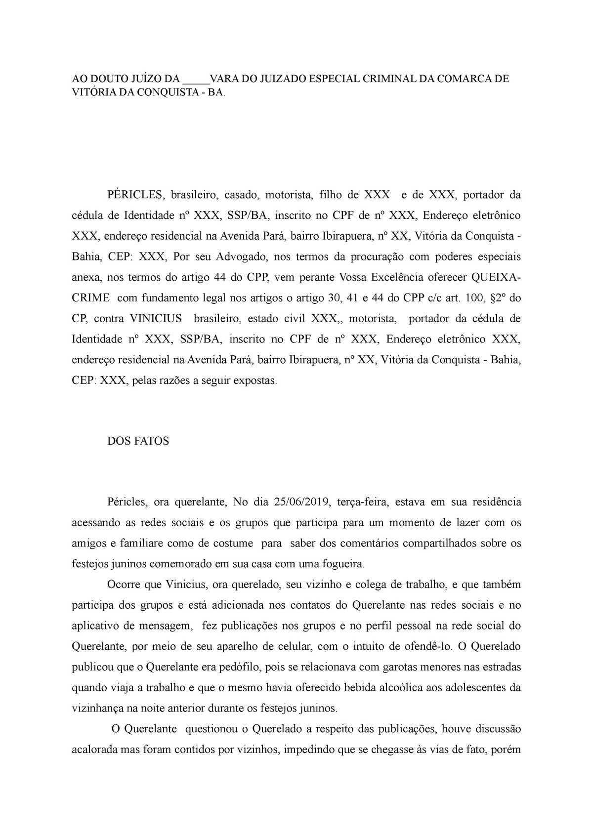 Modelo De Queixa Crime ( Caso Hipotético ) - AO DOUTO JUÍZO DA ...