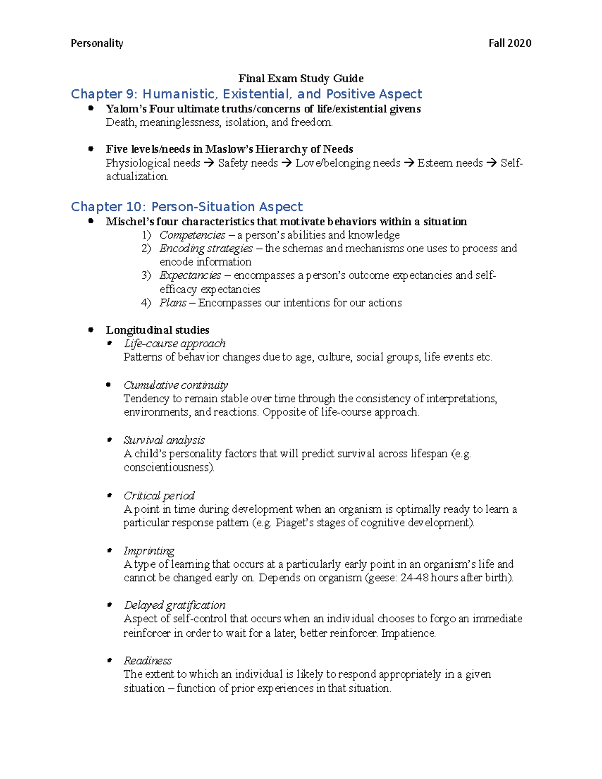 Final Study Guide - Final Exam Study Guide Chapter 9: Humanistic ...